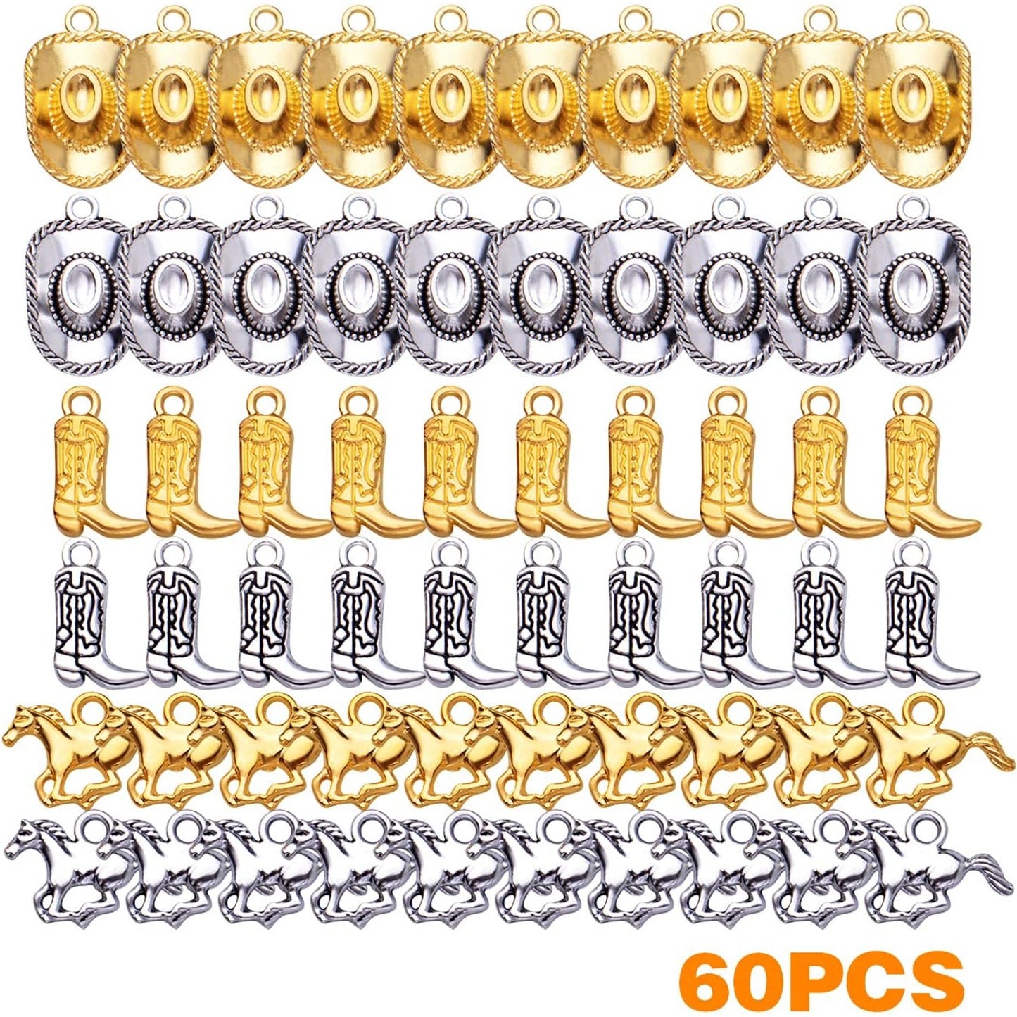 60pcs Silver Western Cowboy Charms Pendants Alloy Horse Cowboy Boot Hat Dangle Charms for DIY Earrings Bracelet Necklace Jewelry Making