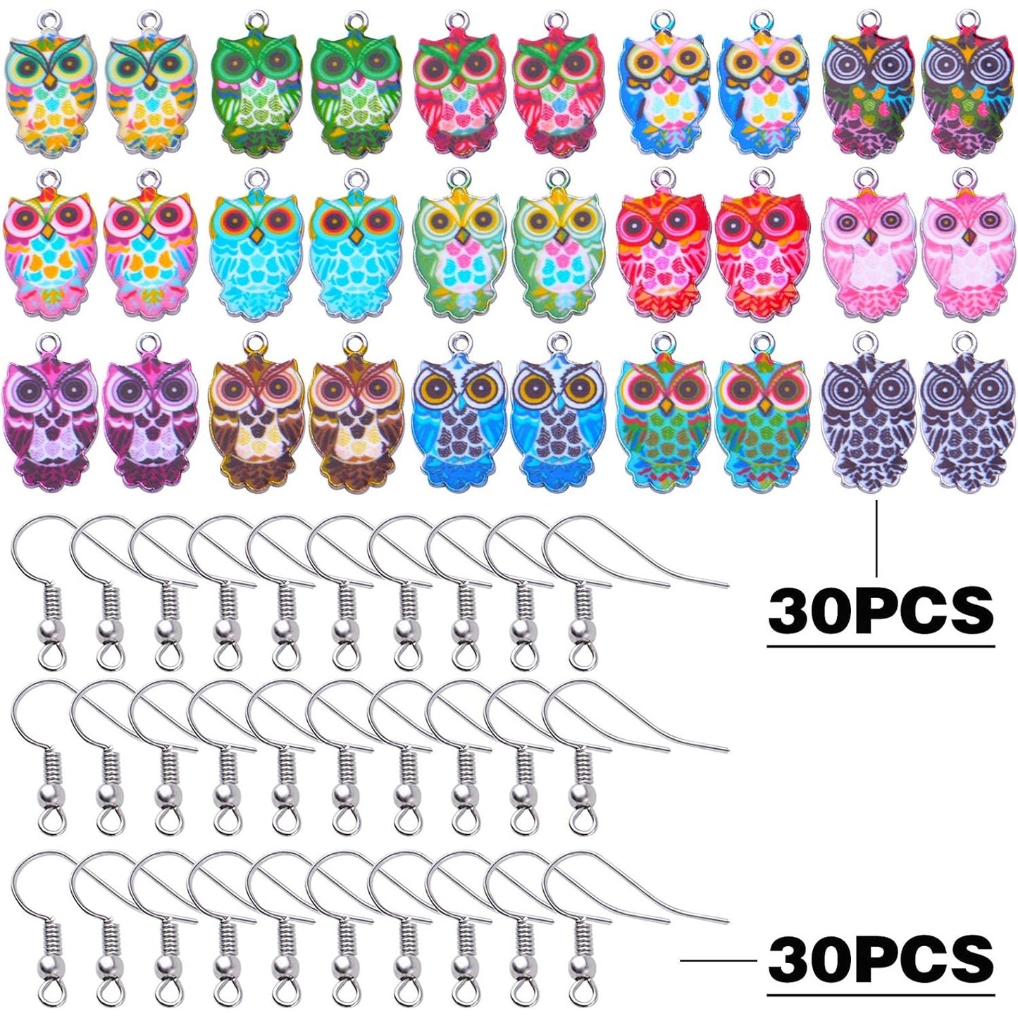 30pcs 15 Styles Colorful Owl Enamel Charms Pendants Halloween Animal Owl Dangle Charms with 30pcs Silver French Ear Wires Earring Hooks for DIY Jewelry Making Accessories