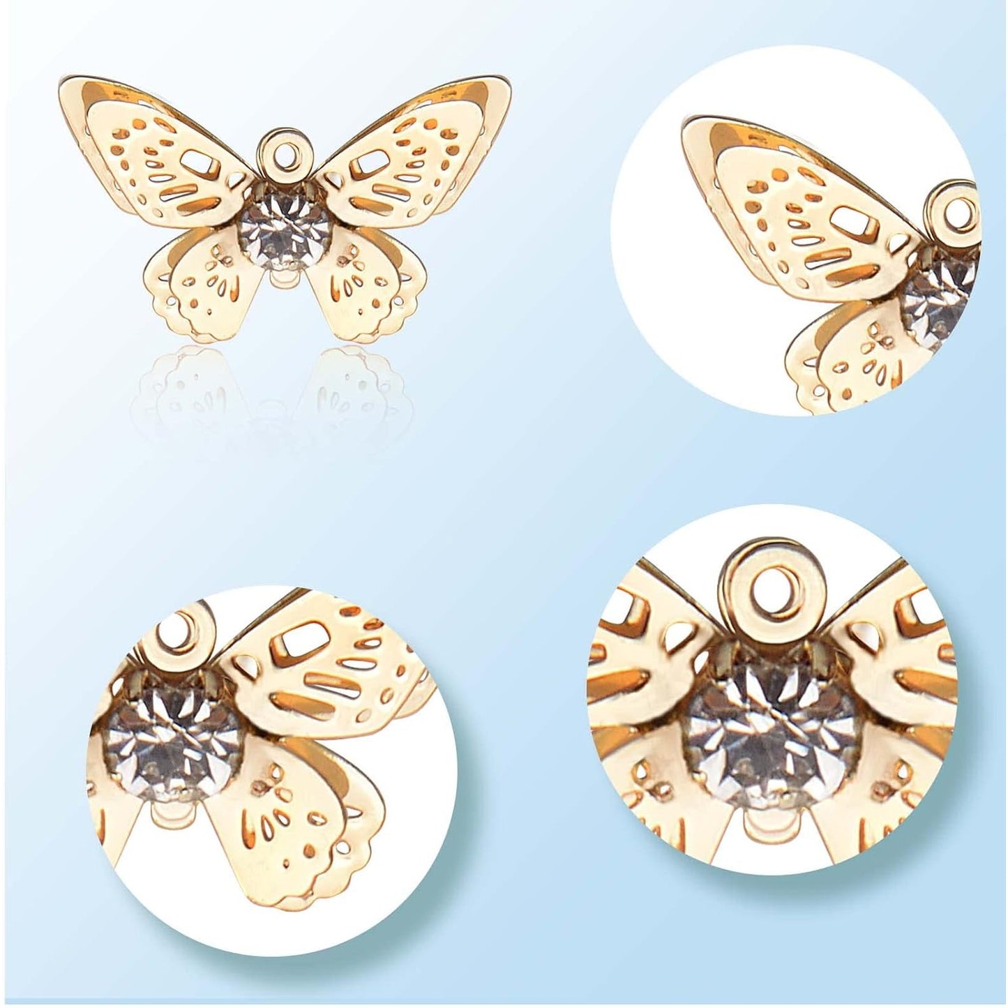 12pcs Golden Hollow Butterfly Insect Charms with Rhinestone Alloy Diamond Butterfly Animal Pendants with a Plastic Box DIY Necklace Earrings Jewelry Making Decor