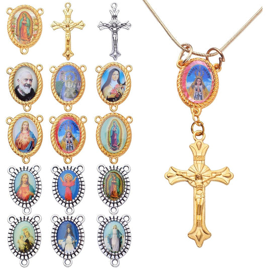 20pcs Rosary Cross Center Charms Pendants and 20pcs Mixed Picture Miraculous Jesus Maria Our Lady Crucifix Catholic Virgin Oval Chandelier Links for DIY Rosary Necklace Bracelet Jewelry Making