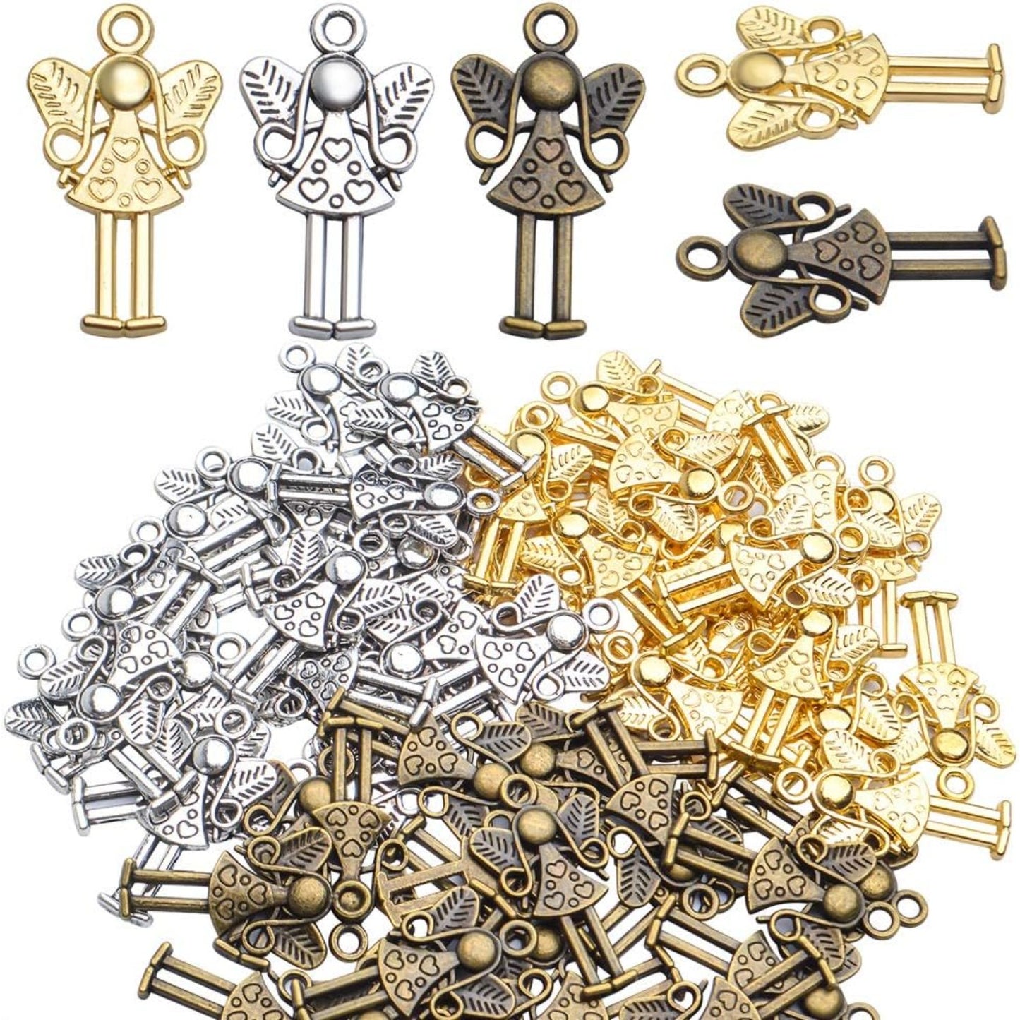 Angel Charms Pendant,60pcs Tibetan Guardian Angel Charms Antique Silver Bronze Golden Craft Supplies for Jewelry Making Bracelets Necklace Keyring DIY,25x14mm