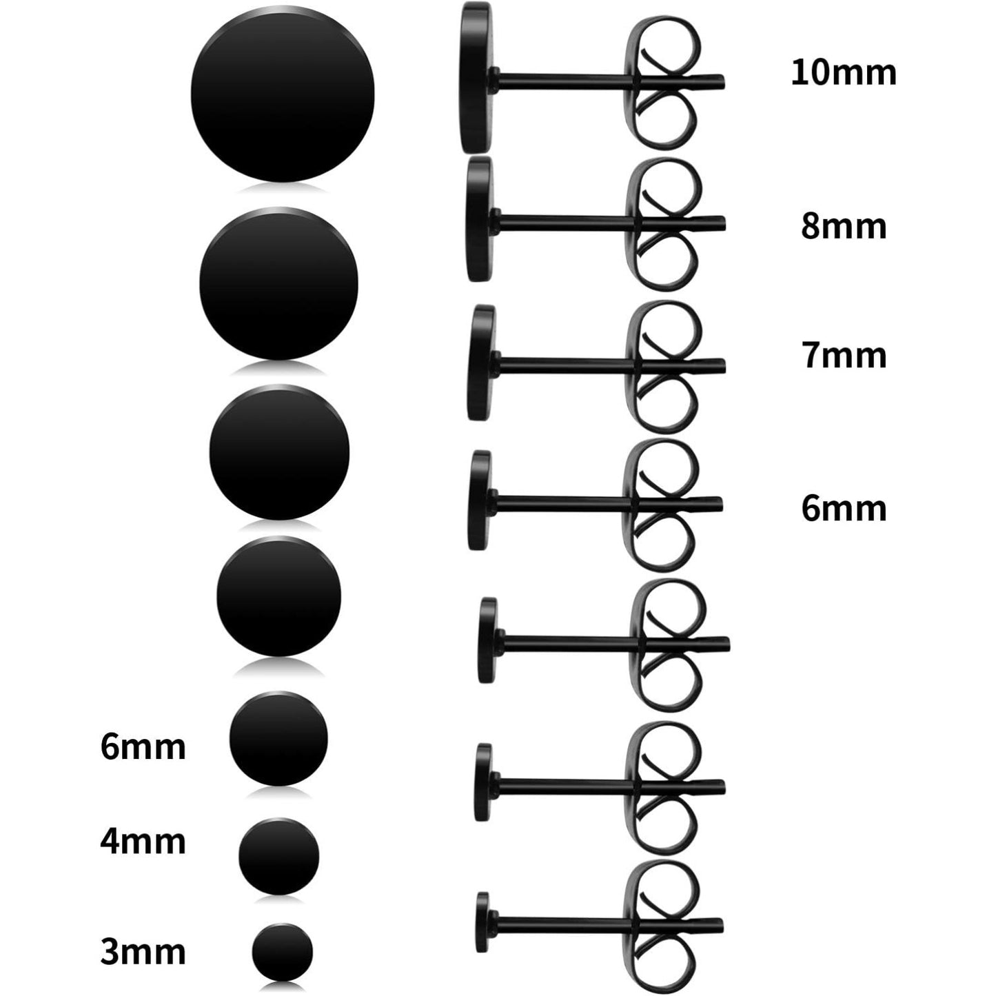 Black Round Stud Earrings, 7 Pairs Stainless Steel Dot Earrings Hypoallergenic Earrings Studs for Man Woman, 3mm/4mm/5mm/6mm/7mm/8mm/10mm