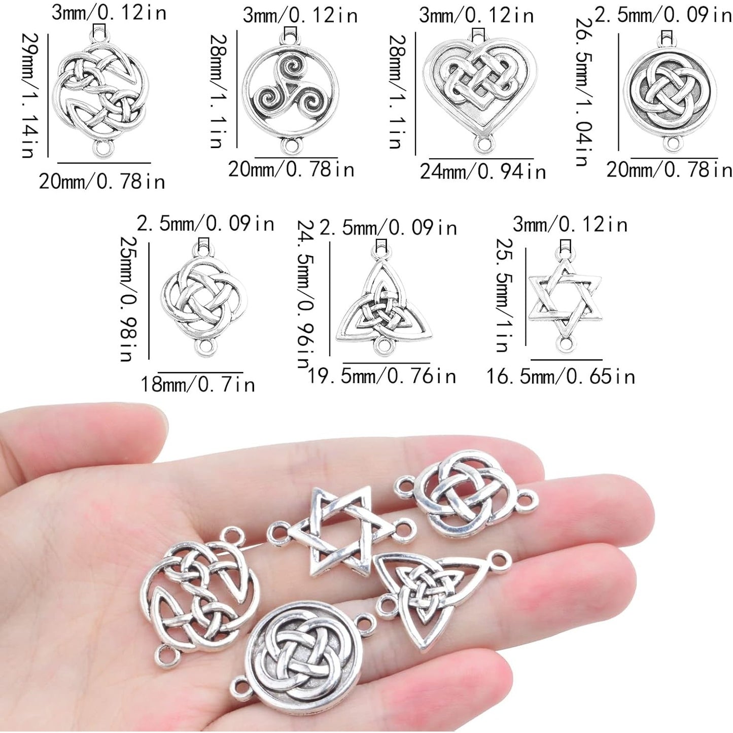42pcs Celtic Knot Charms Irish Traditional Pendants Tibetan Alloy Flower Triangle Heart Knot Links Good Luck Chinese Knot Connectors for DIY Jewelry Making Bracelet, 7 Styles,Antique Silver