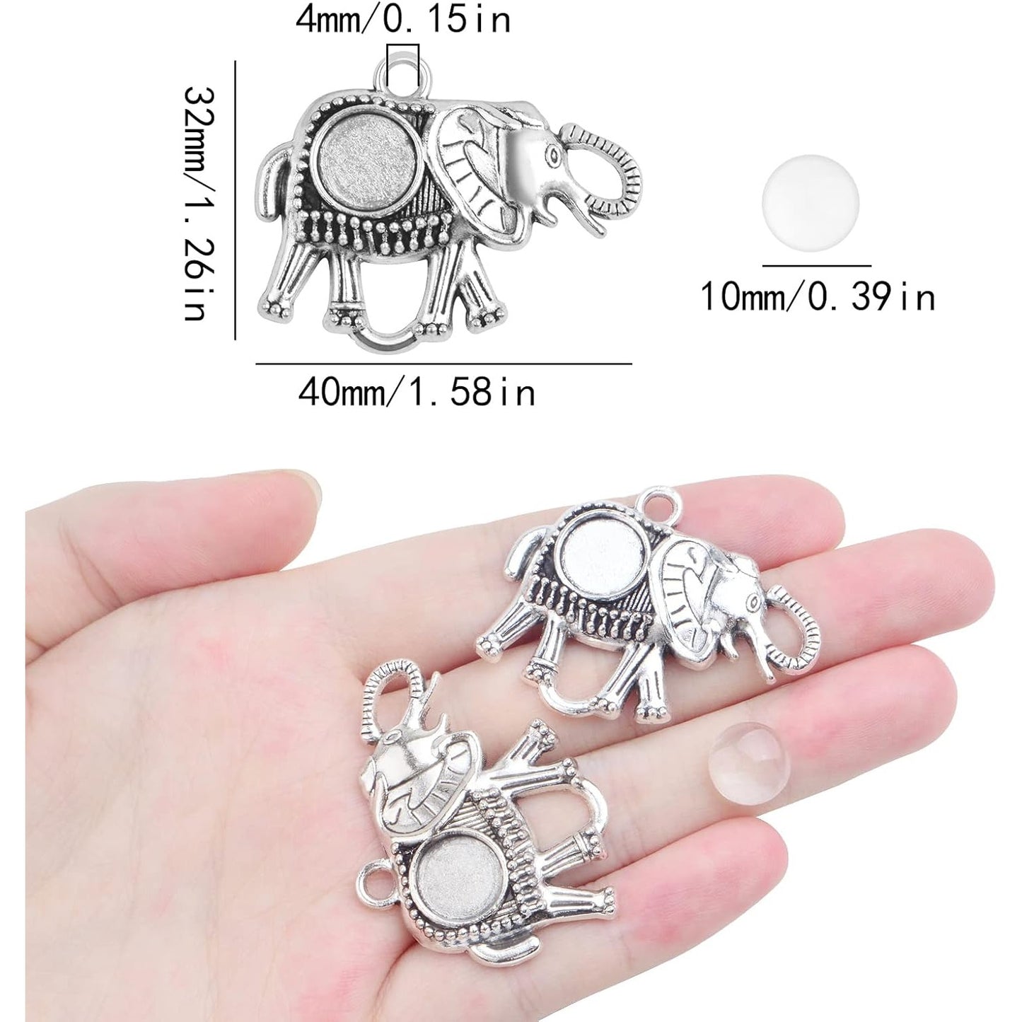 10pcs Antique Silver Elephant Pendant Trays Alloy Elephant Charms Blank Bezel with 10pcs Clear Glass Cabochons Dome Tiles Memorial Photo Charms for Cameo Pendants Jewelry Making Decor