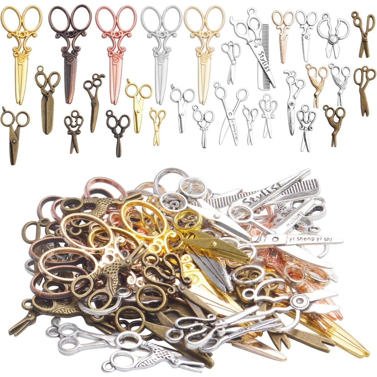 Scissors Charms Collection, 100g(About 40-60pcs) Mixed Alloy Scissors Pendants Tool Charms Set for DIY Necklace Bracelet Making Crafting, 1.5-7cm