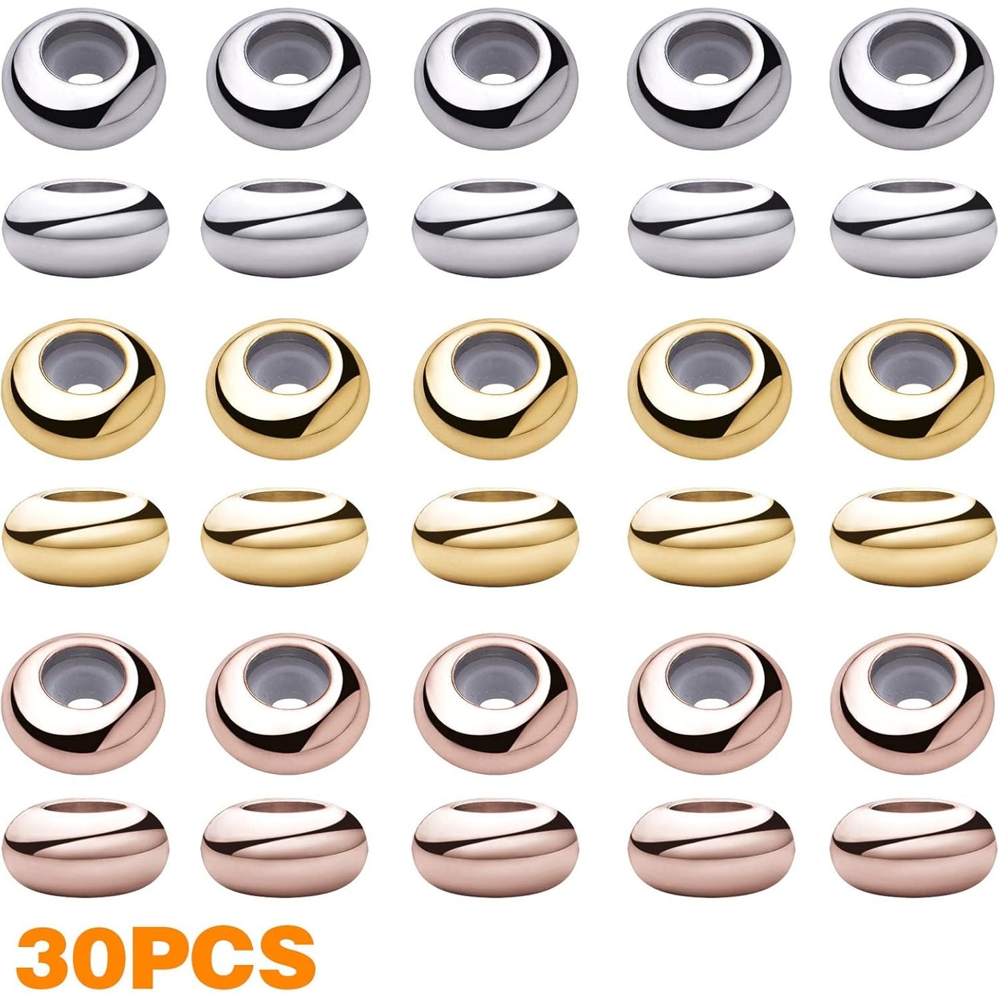 30pcs 8mm Insert Rubber Stopper Beads Brass Adjustable Slider Clasps Round Beads Positioning Spacer Beads Jewelry Making Accessories for DIY Bracelet Necklace Crafts, 3 Colors