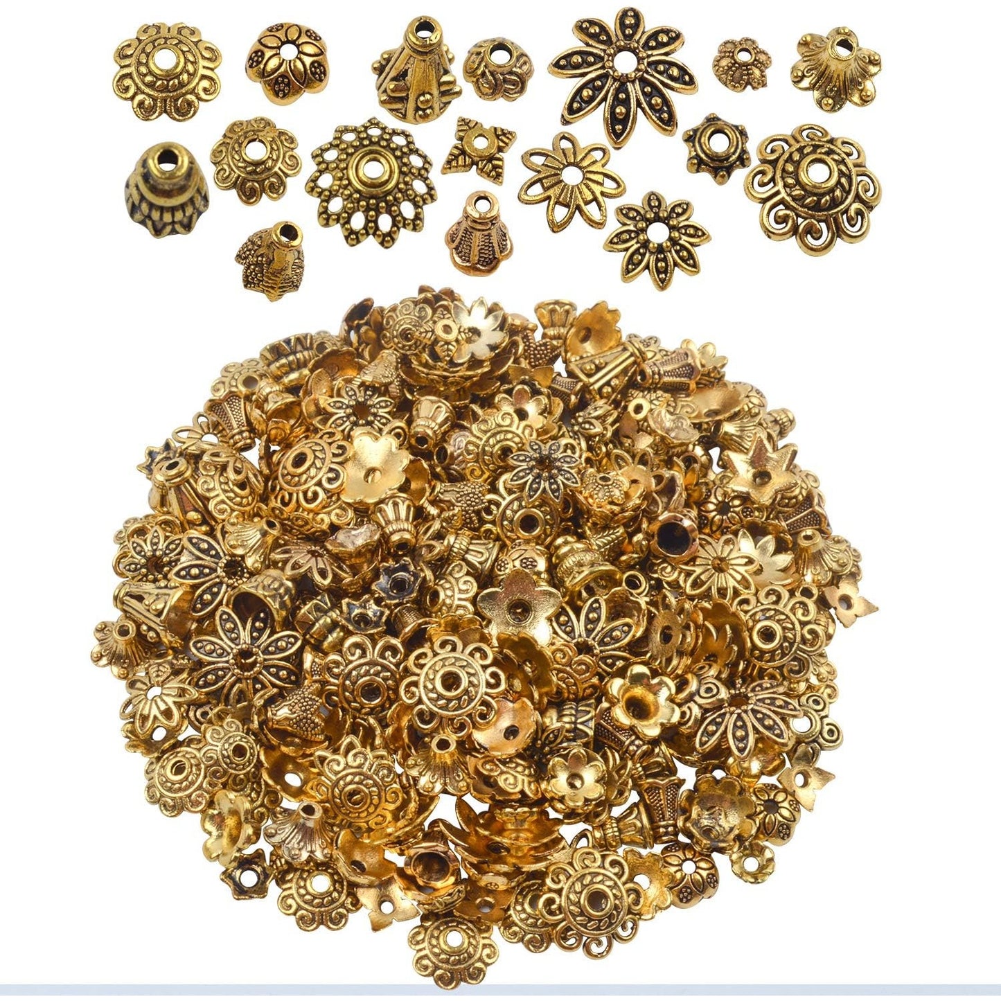 100 Gram(About 250-350pcs) Bali Style Jewelry Making Metal Bead Caps Deluxe New Mix,Antique Gold