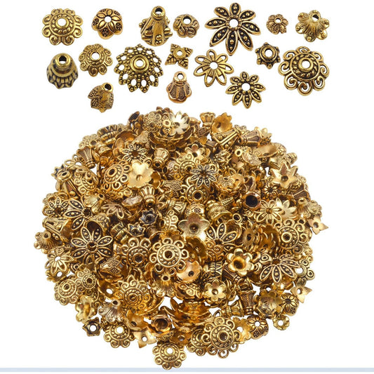 100 Gram(About 250-350pcs) Bali Style Jewelry Making Metal Bead Caps Deluxe New Mix,Antique Gold