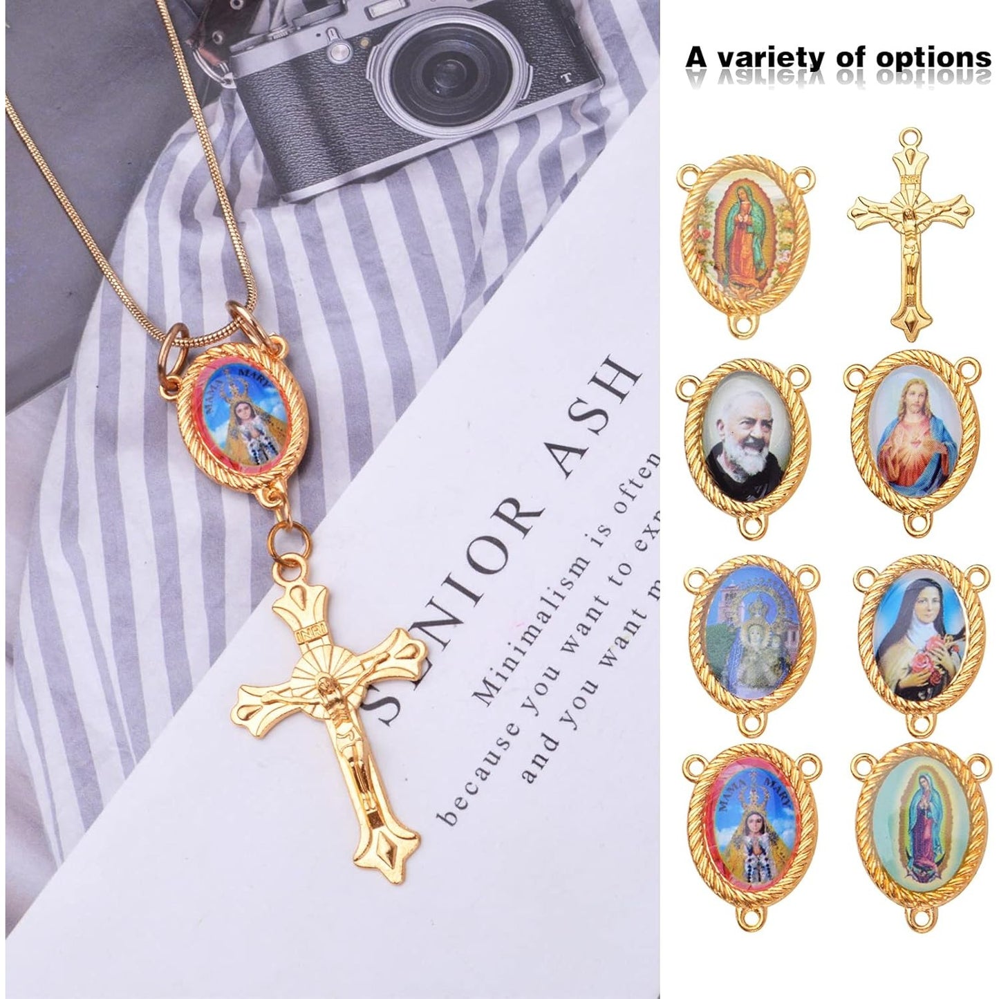 20pcs Rosary Cross Center Charms Pendants and 20pcs Mixed Picture Miraculous Jesus Maria Our Lady Crucifix Catholic Virgin Oval Chandelier Links for DIY Rosary Necklace Bracelet Jewelry Making