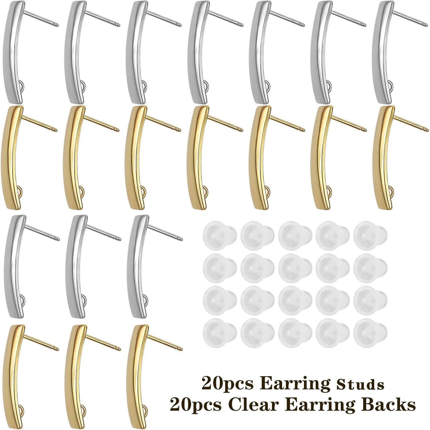 20pcs 2 Colors Stainless Steel Earring Posts with Loop Hypoallergenic Rectangle Stud Earrings Findings and 20pcs Clear Bullet Earring Backs for DIY Jewelry Making