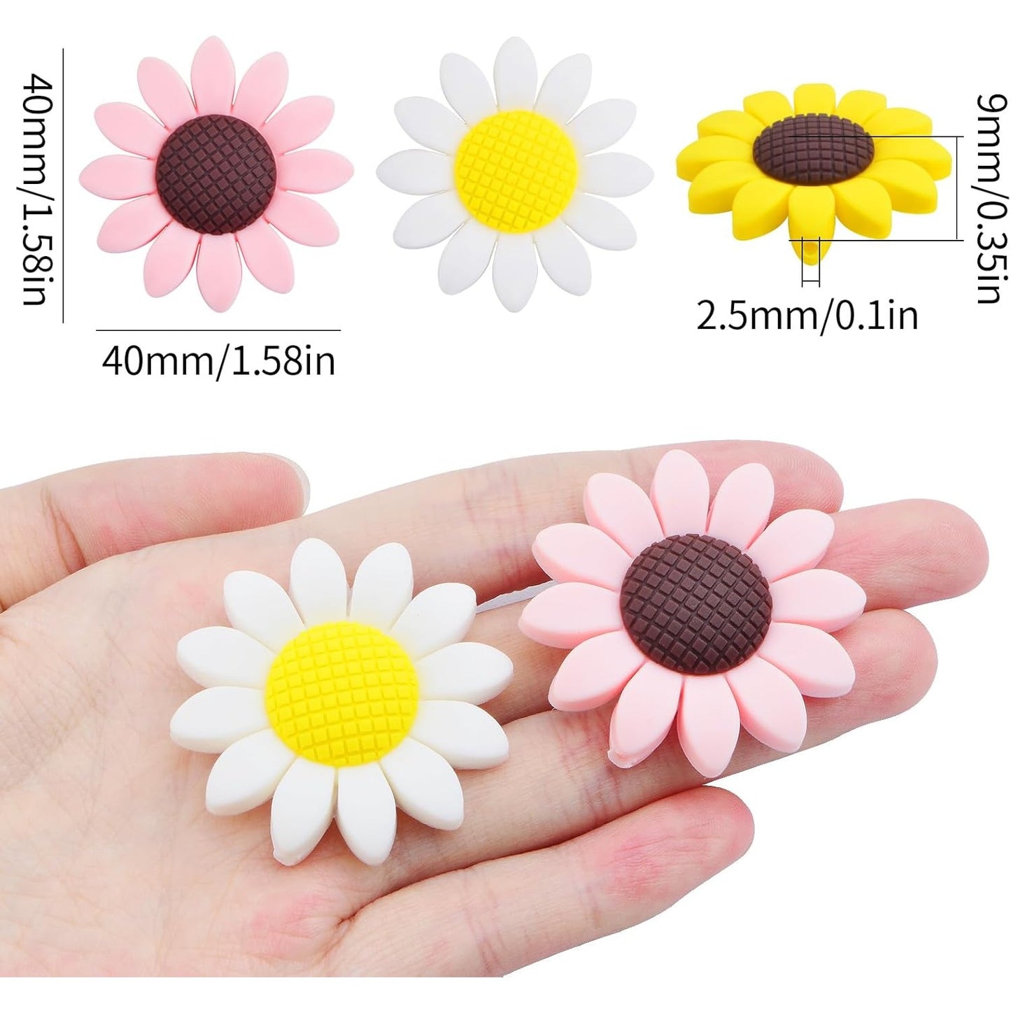 Sunflower Silicone Focal Beads for Pens, 15pcs 40 mm Flat Round Daisy Flower Shape Silicone Spacer Beads Bulk for DIY Keychains Lanyards Garlands Bracelet Crafts Jewelry Making, 3 Colors