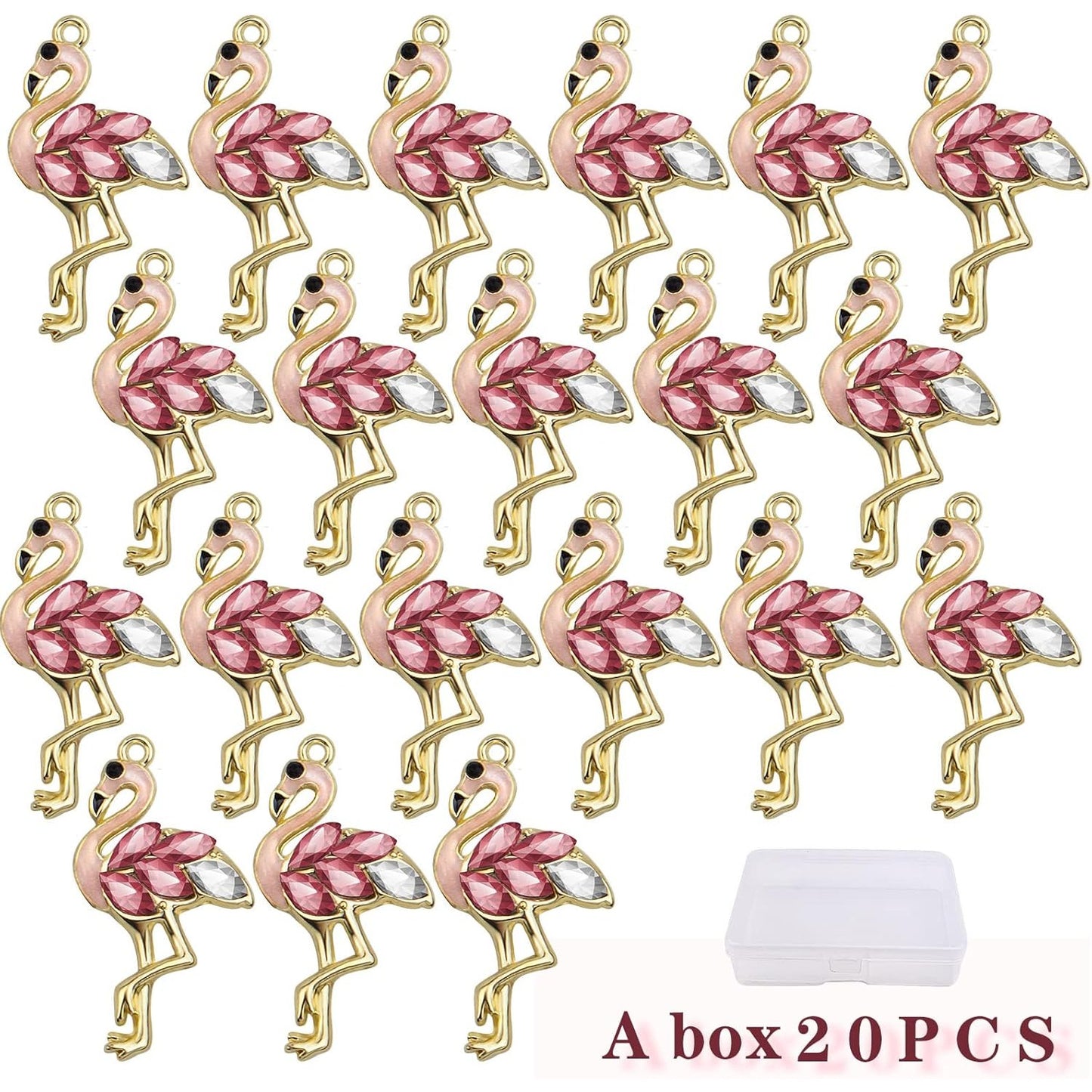 20pcs Golden Plated Flamingo Charms with Rhinestone Alloy Enamel Flamingo-Shape Pendants Pink Bird Animal Dangle Charms with a Box for DIY Bracelet Jewelry Making Supplies Decor