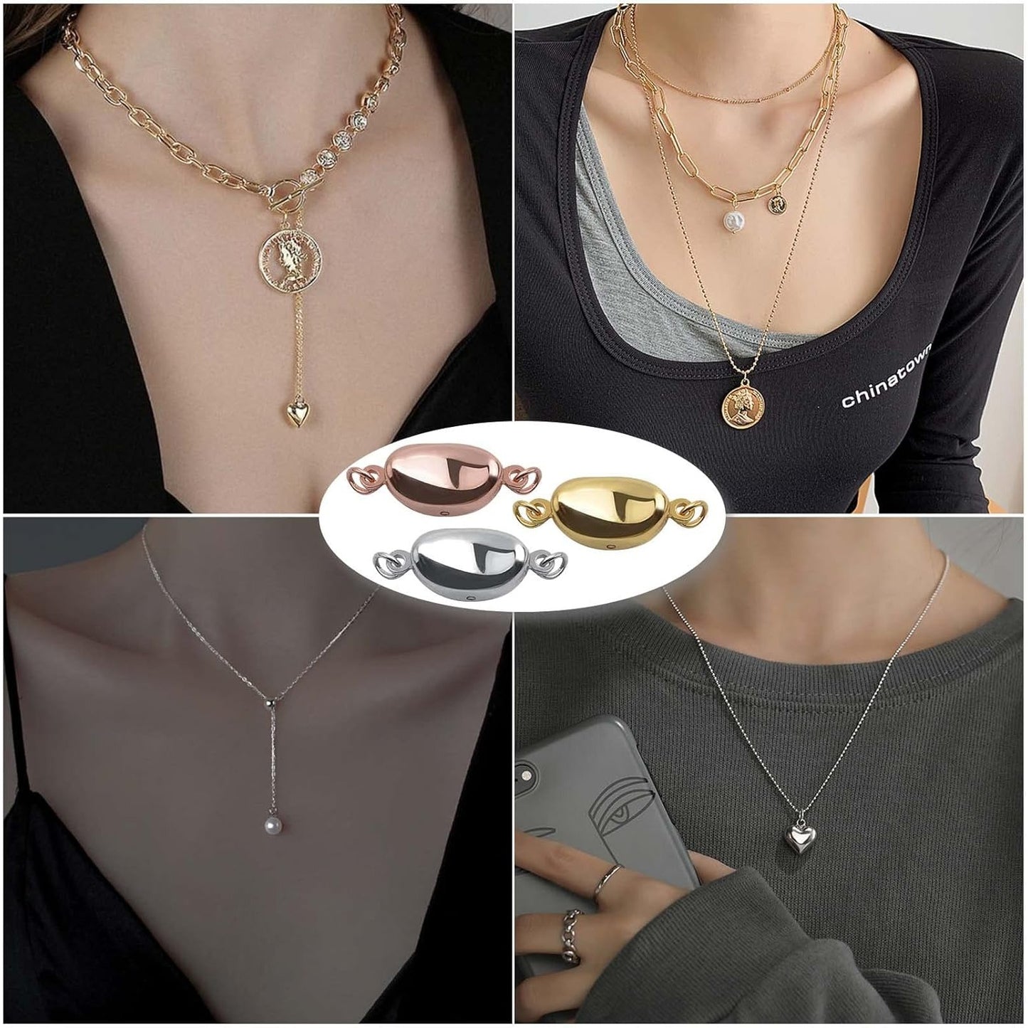 3 Pieces Pearl Locking Necklace Clasps Brass Oval Clasp Converter Closures Connector Chain Extenders for Necklace Bracelet Anklet Jewelry Making, 3 Colors