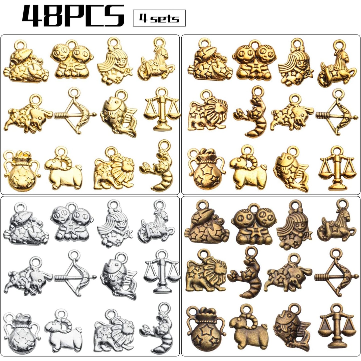 Constellation Charm Pendants,48pcs Constellation Zodiac Charms Zodiac Charms Bulk 12 Constellations Charms for Jewelry Making Necklace Bracelet Crafting,Antique Silver/Antique Golden/Golden/Bronze