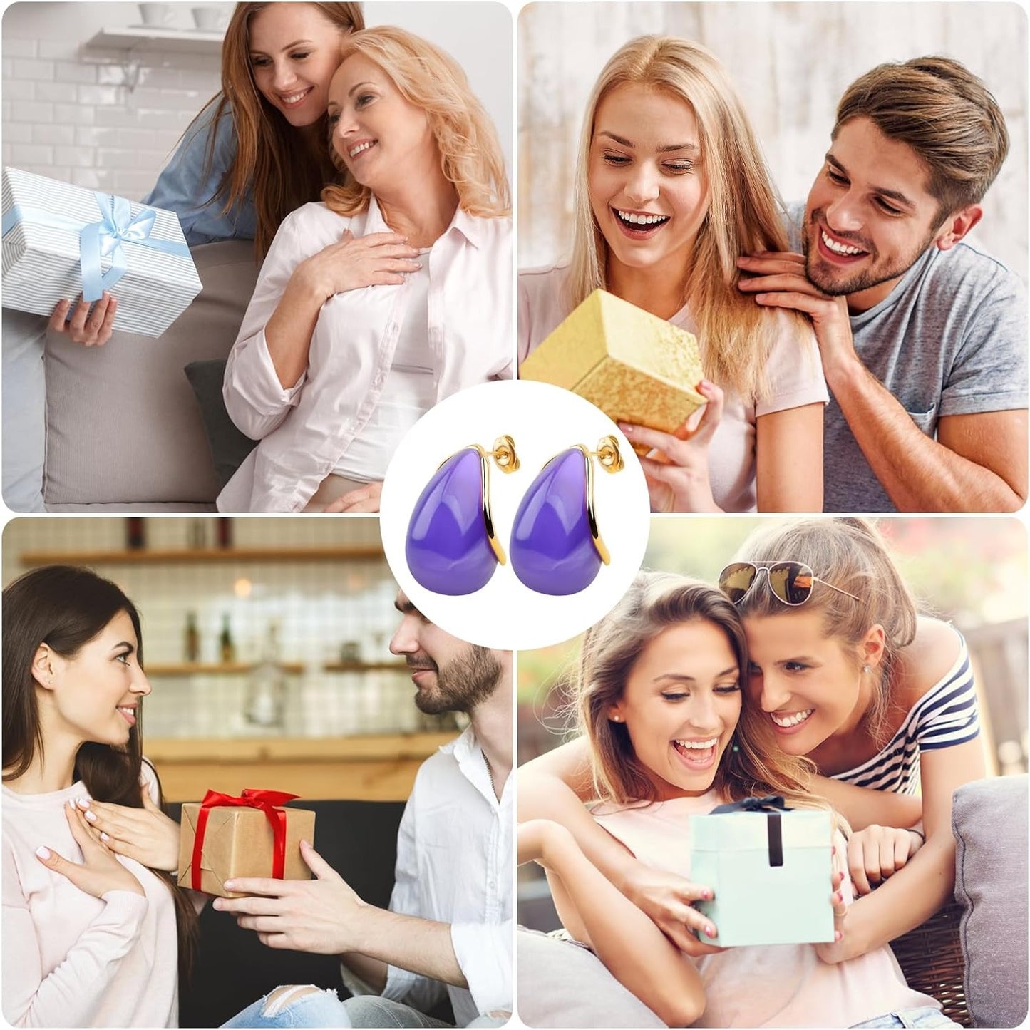 1 Pair Resin Purple Crescent Moon Shape Chunky Hoop Earrings Hypoallergenic Titanium Steel Drop Earring Studs with Earring Safety Backs for Women