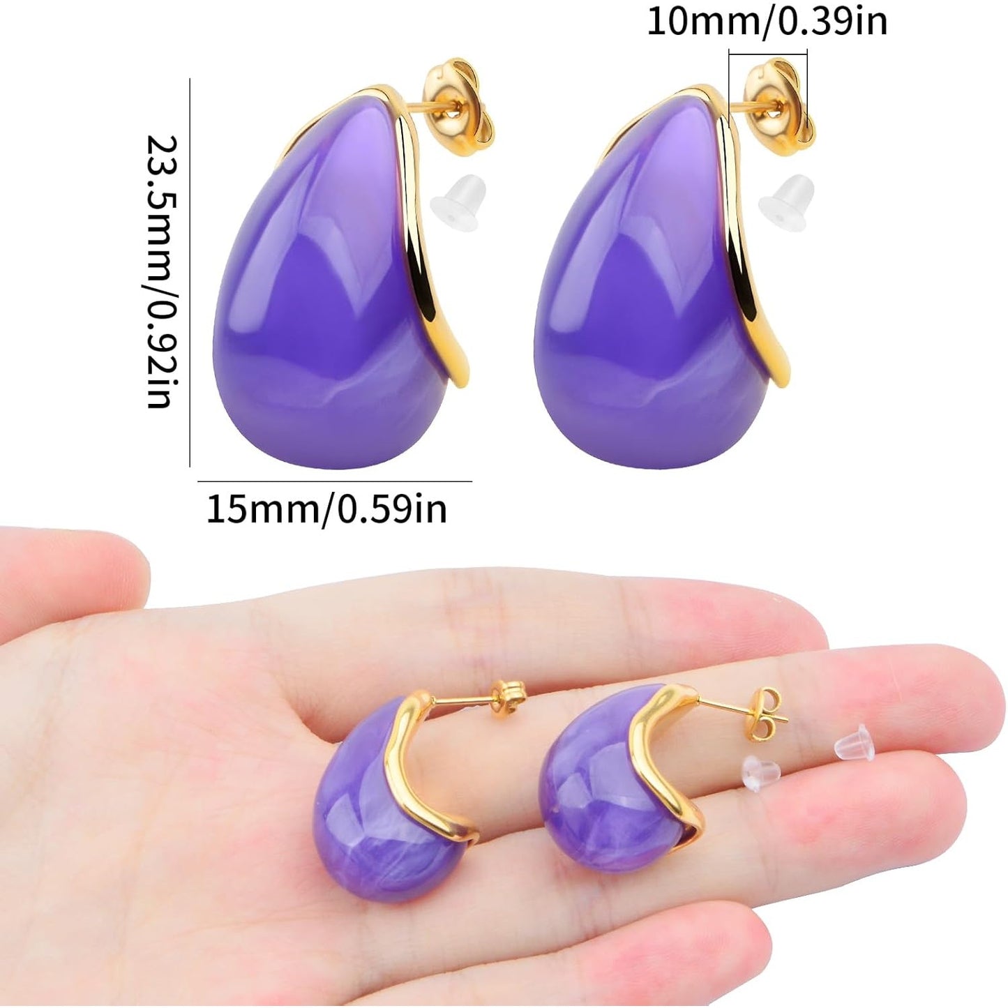 1 Pair Resin Purple Crescent Moon Shape Chunky Hoop Earrings Hypoallergenic Titanium Steel Drop Earring Studs with Earring Safety Backs for Women