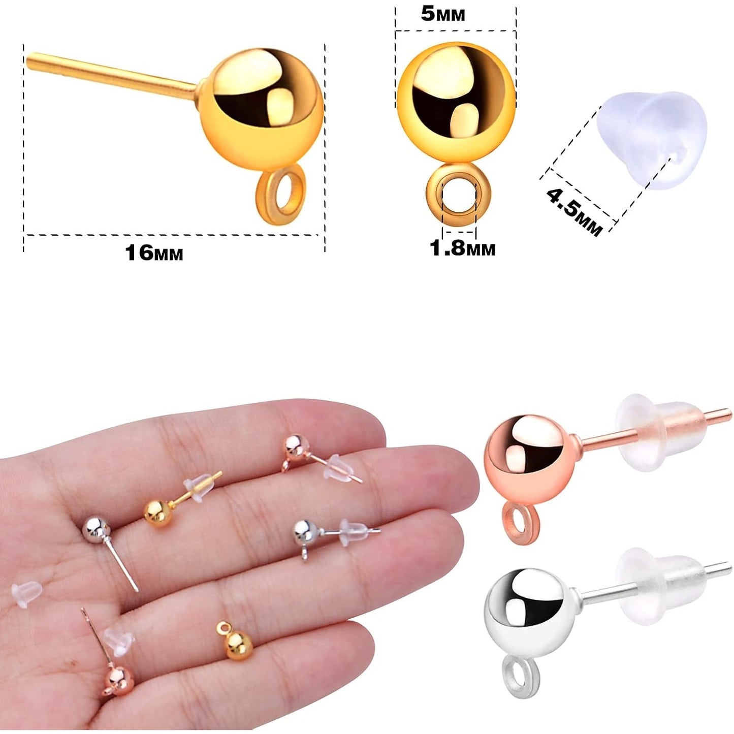 300pcs 3 Colors Ball Post Earring Studs Hypoallergenic Alloy Ear Pins Earring Posts with Loop and 300pcs Silicone Clear Bullet Earring Backs for DIY Crafts Jewelry Making