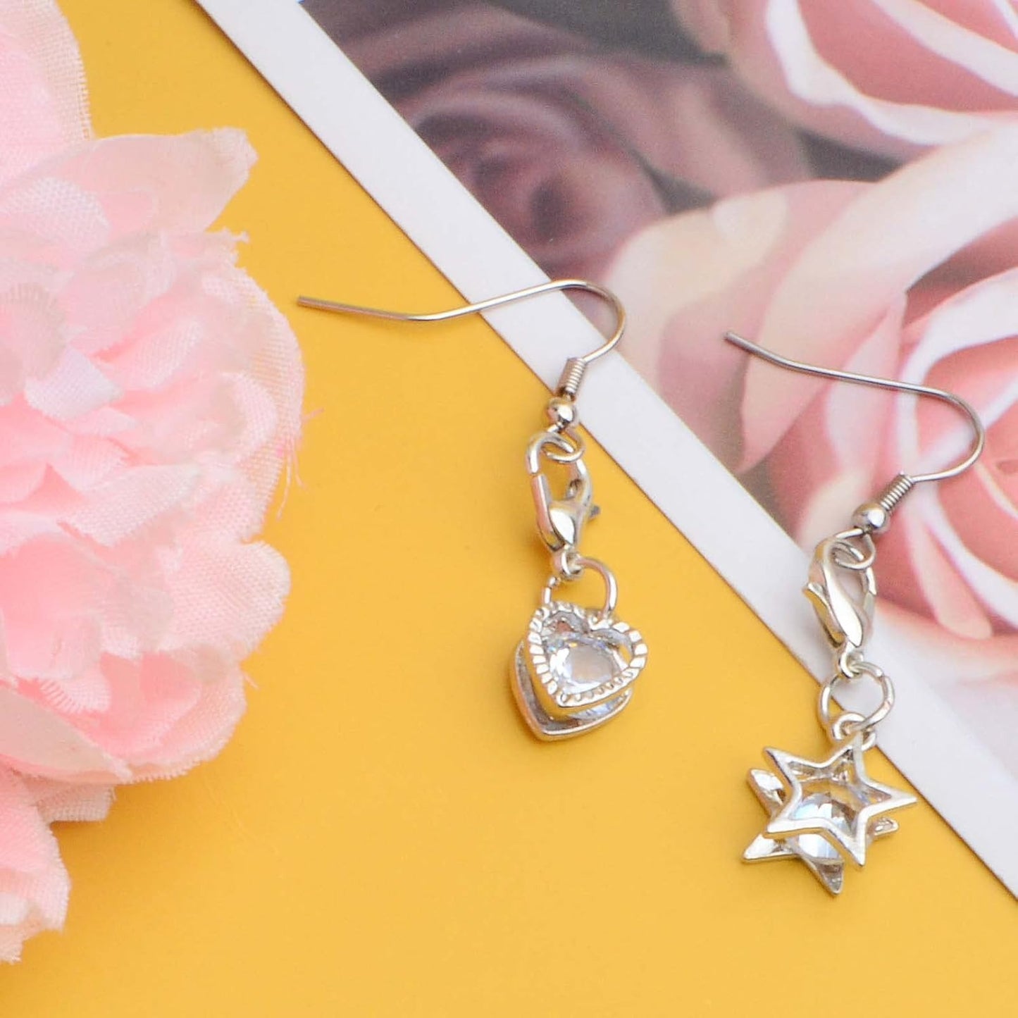20pcs 2 Colors Cubic Zirconia Charms Metal Round Heart Star Plum Bossom Drop Shaped Pendants with Lobster Clasps for DIY Necklace Earrings Jewelry Making Supplies, 5 Styles