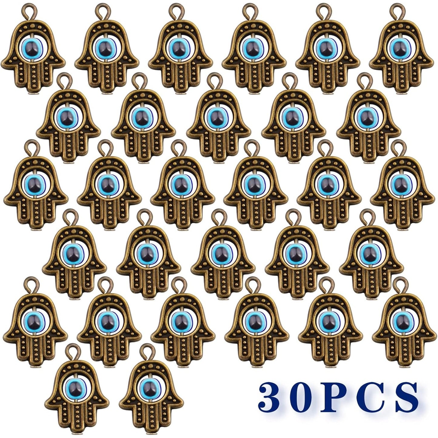 Hamsa Hand Beads Frame Charms,30 Pieces of Hamsa Evil Eye Pendant Hand of Fatima Symbol Charms Jewelry Making Findings for DIY Necklace Bracelet(Gold & Silver & Bronze)