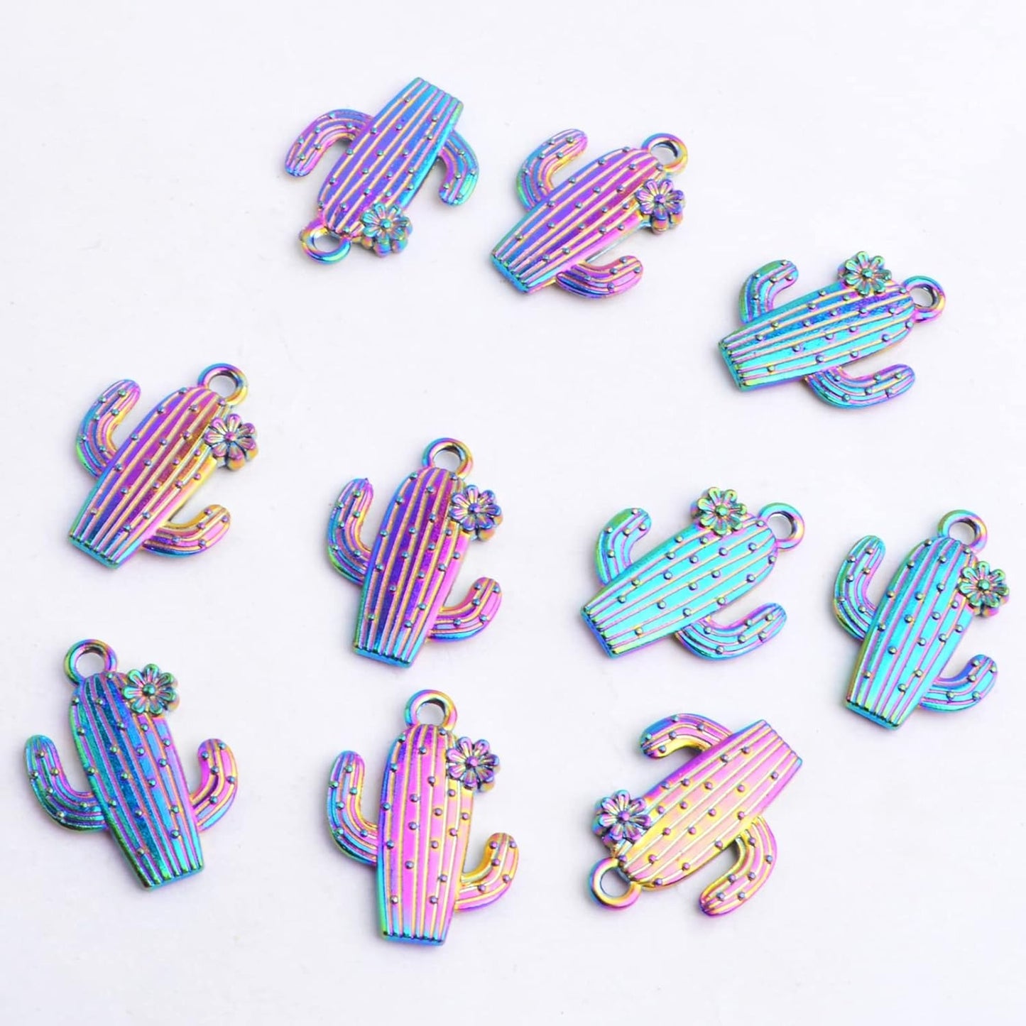 10pcs Alloy Cactus Flower Pendant Charms Tropical Summer Desert Plant Cactus Charms Craft Supplies for DIY Necklace Bracelet Earrings Jewelry Making, Rainbow Color
