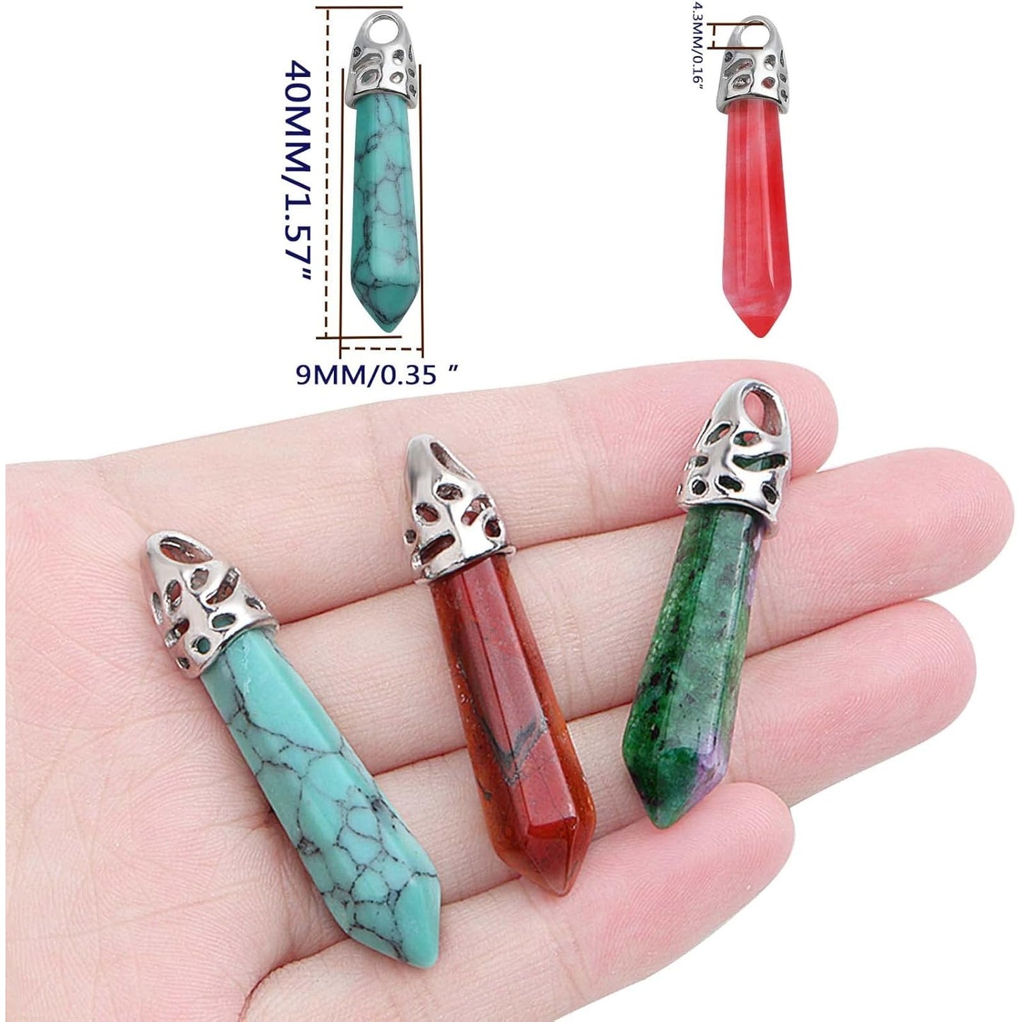 8pcs Bullet-Shaped Crystal Gemstone Charms Hexagonal Natural Stone Healing Pointed Chakra Stone Pendants for DIY Necklace Jewelry Making Valentine's Gifts, 8 Colors
