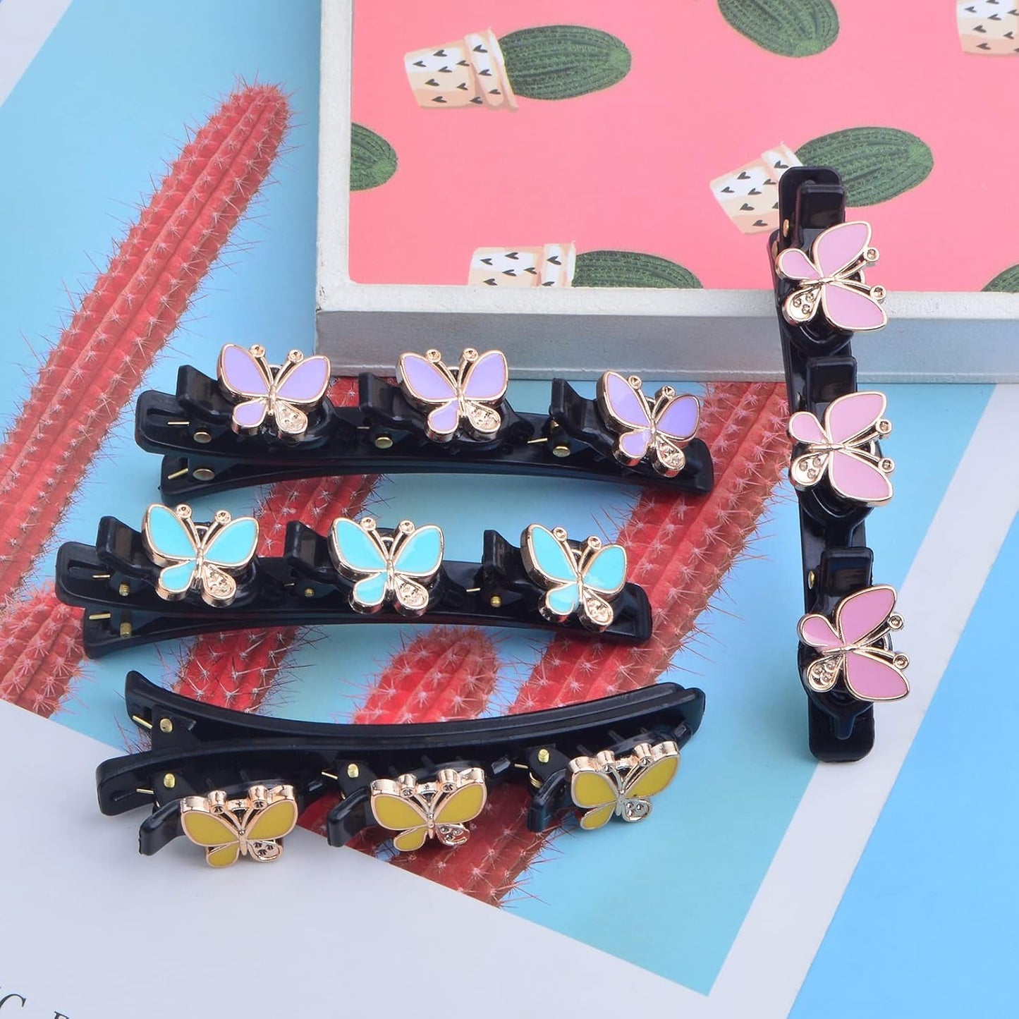 8pcs Butterfly Shape Braided Hair Clips with 3 Small Clips on Top Double Layer Rsvelte Hair Clip Barrettes with Butterfly for Women Girls Hair Sectioning Styling, 4 Colors