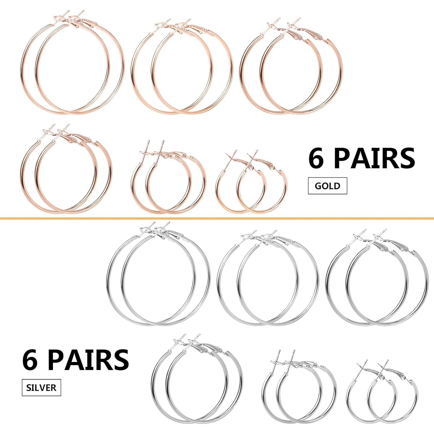 12 Pairs 6 Sizes Beading Earring Hoop Round Earrings Hypoallergenic Hoop Earrings Open Beading Hoop Earring Findings for DIY Crafts Gift Wedding Party Festival Favor(Gold, Silver)