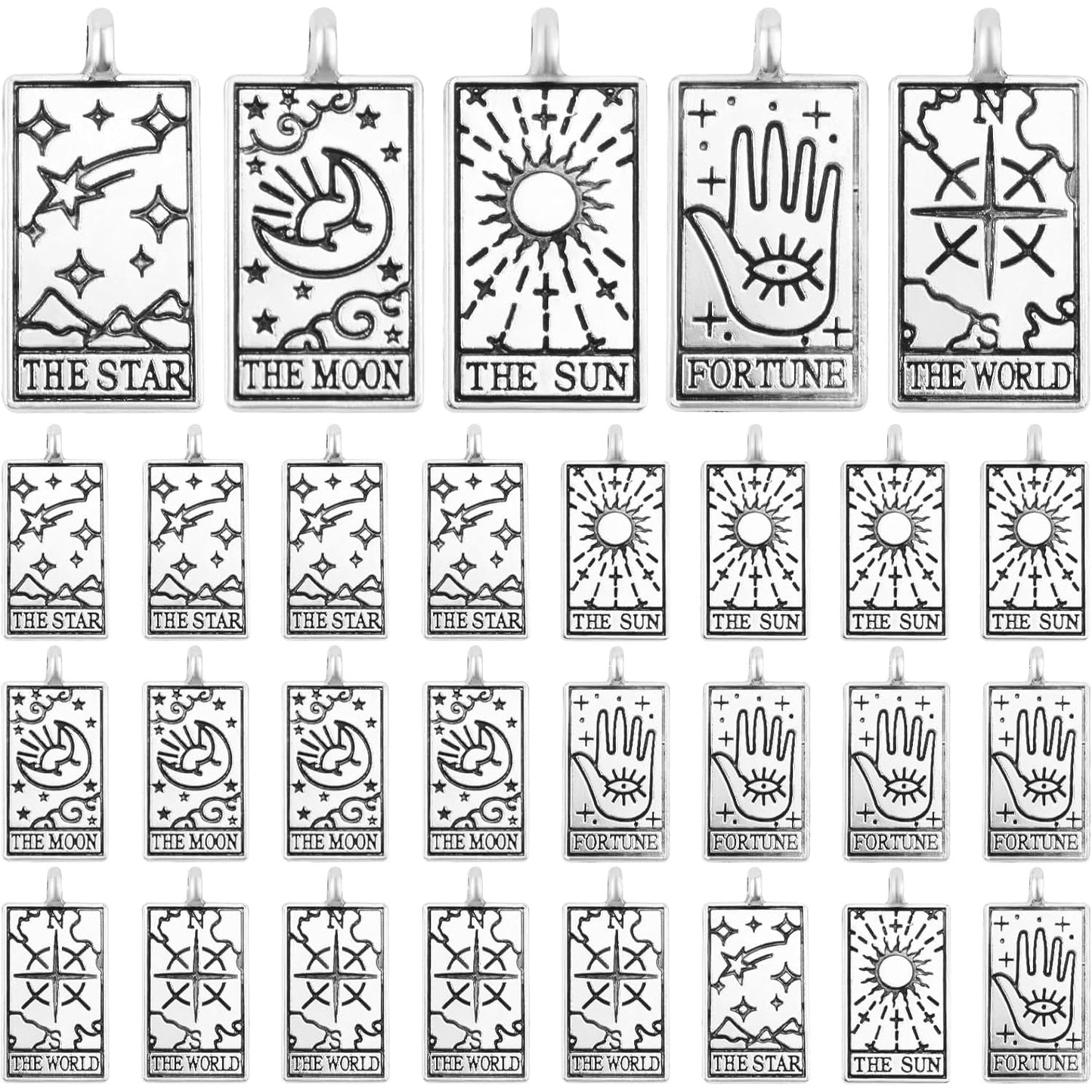 30pcs Antique Silver Rectangle Tarot Card Charms Vintage Alloy Sun Moon Star Fortune Good Luck Amulet Magic Dangle Pendants for DIY Earrings Jewelry Making Supplies, 5 Styles
