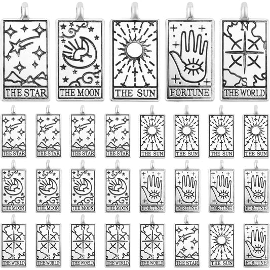 30pcs Antique Silver Rectangle Tarot Card Charms Vintage Alloy Sun Moon Star Fortune Good Luck Amulet Magic Dangle Pendants for DIY Earrings Jewelry Making Supplies, 5 Styles