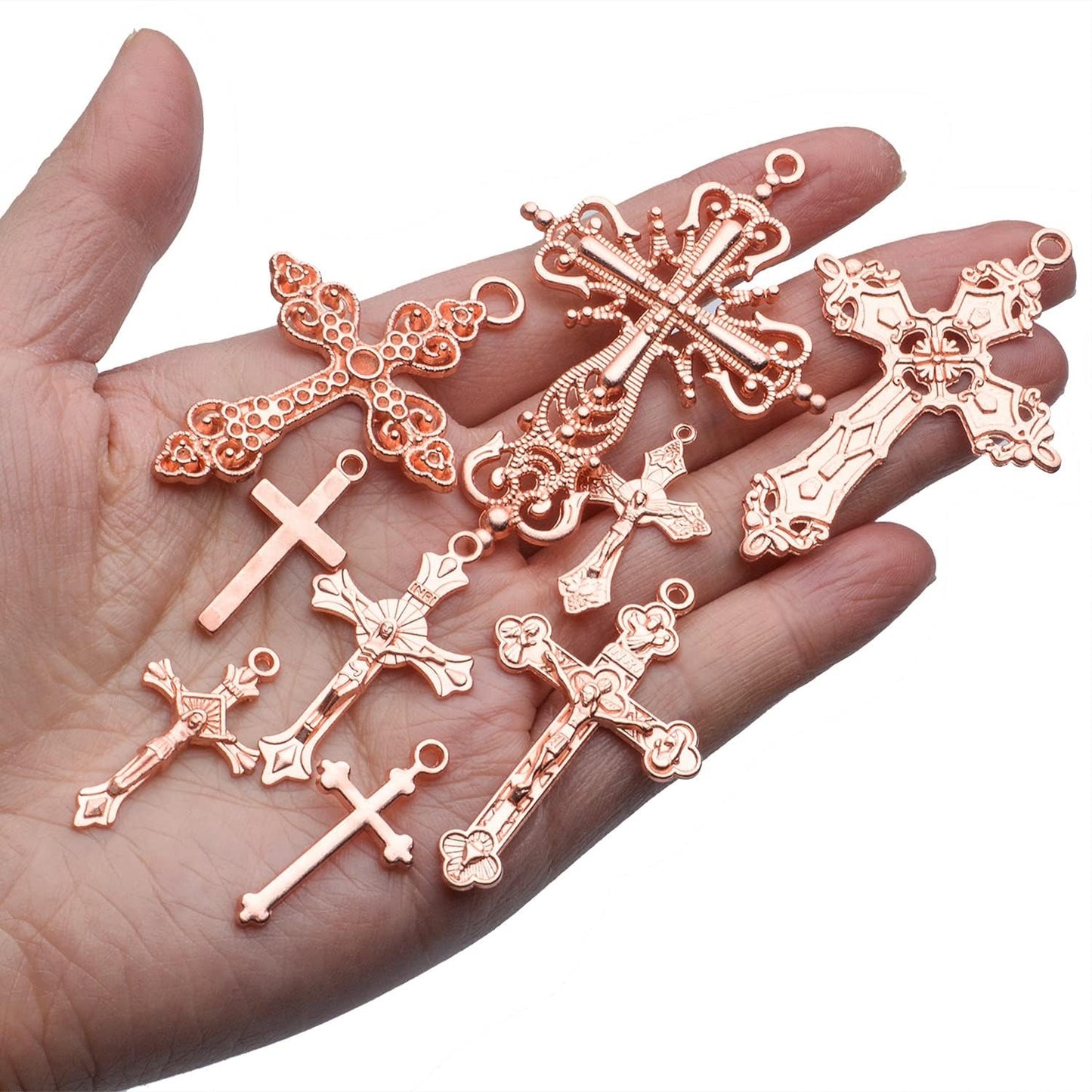 100g Craft Supplies Alloy Rose Gold Jesus Christ Cross Charms Rosary Center Charm Crosses Charms Pendants for Necklace DIY Jewelry Making, Mixed Styles