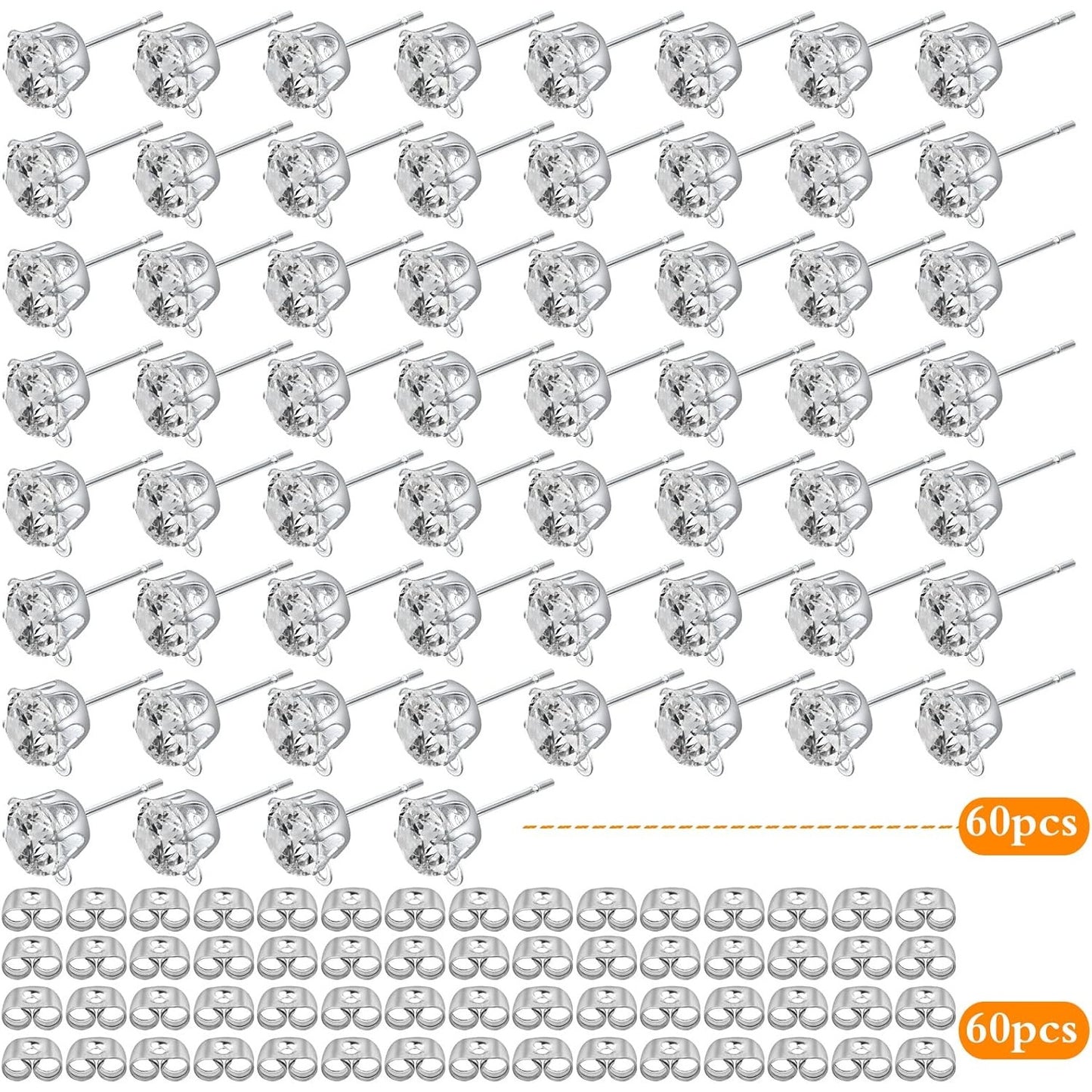 60pcs Zirconia Earring Posts with Loop Hypoallergenic Rhinestone Earring Studs and 60pcs Earring Backs Stoppers for DIY Jewelry Making Wedding Favor Gifts
