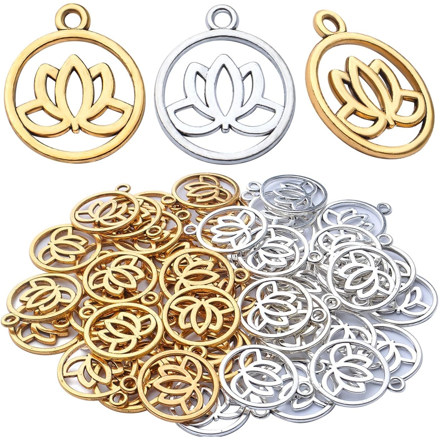 50pcs Lotus Flower Pendants Alloy Hollow Round Dangle Charms Lotus Bead Charm for DIY Jewelry Crafts Supplies Making Accessory