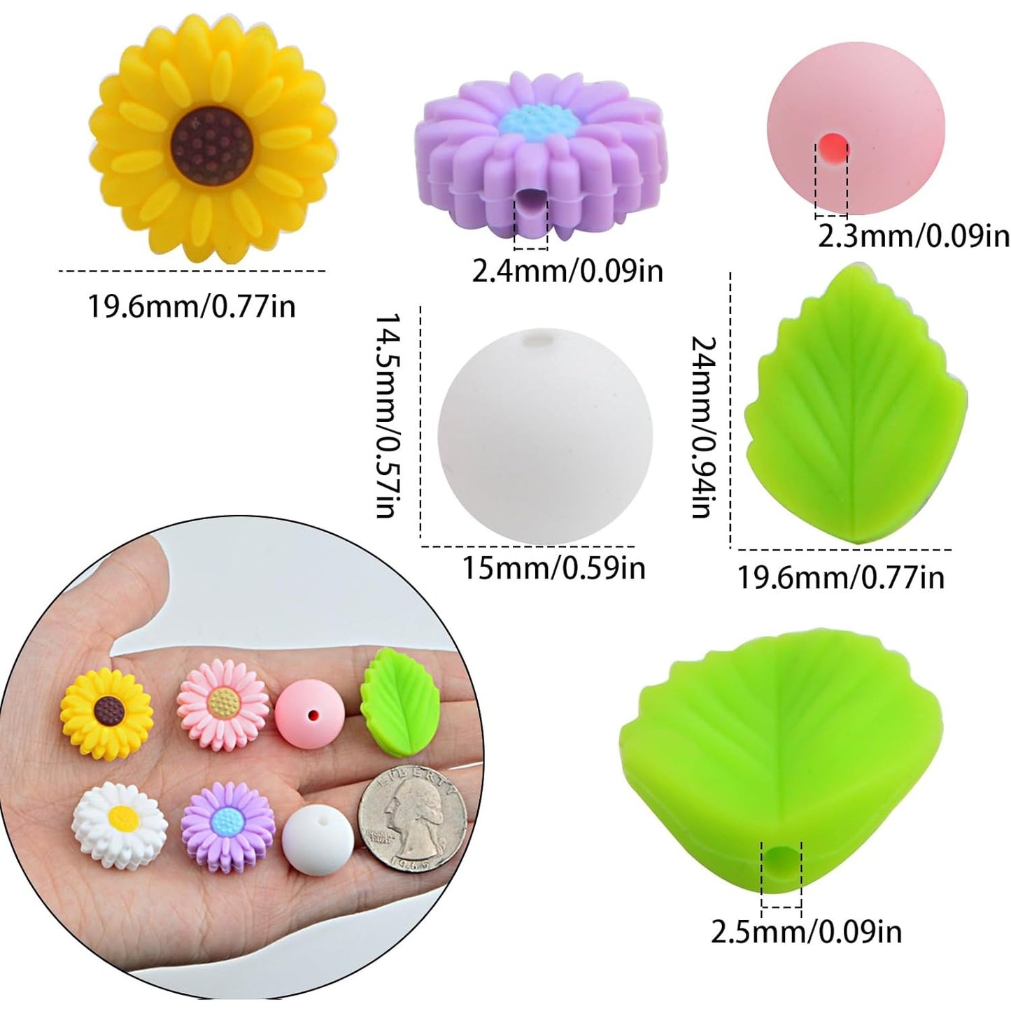 36Pcs Daisy Silicone Beads Leaf Flower Focal Loose Round Spacer Beads Bulk for Summer Necklaces Bracelets Keychain DIY Jewelry Making Crafts