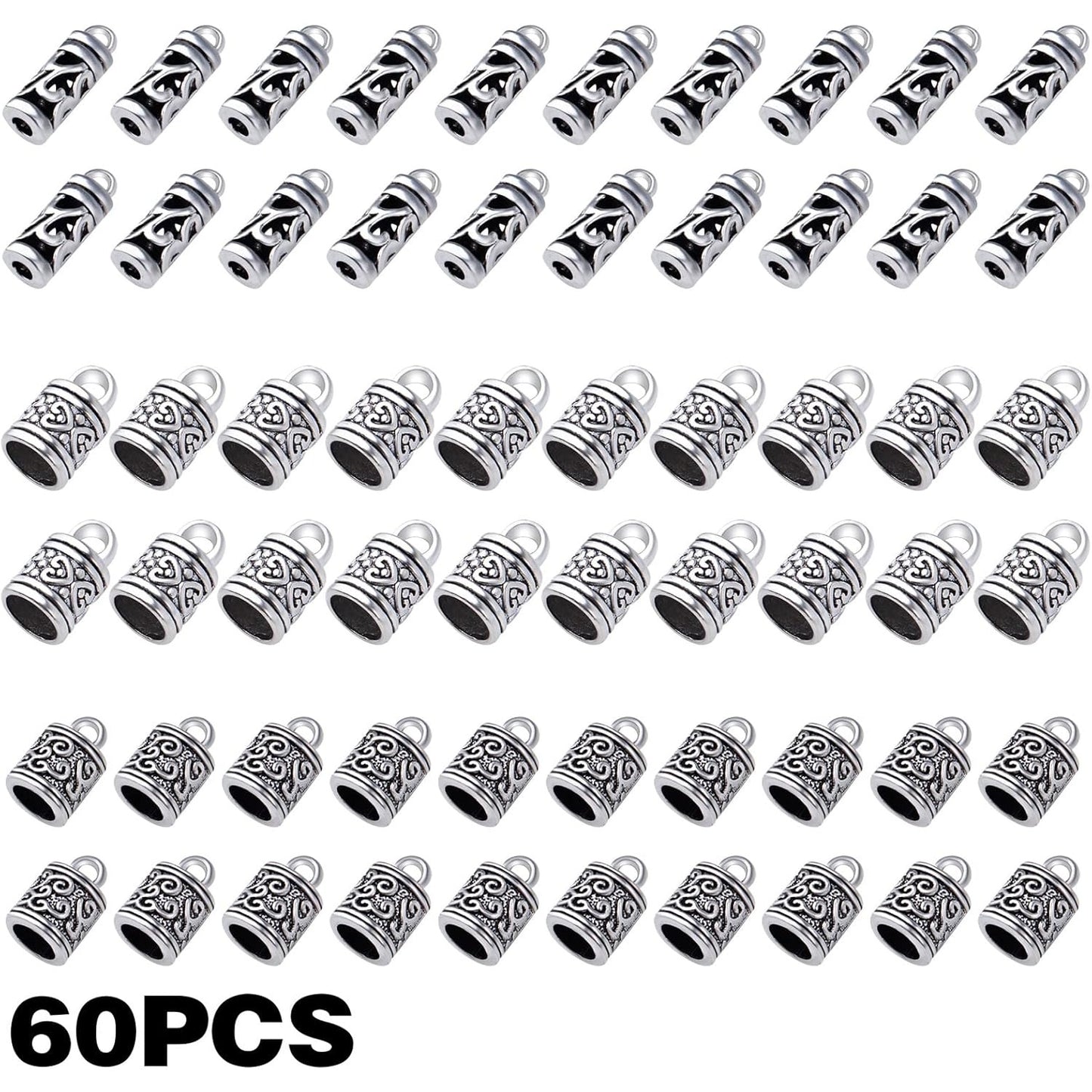 60pcs Antique Silver Cord End Caps Tibetan Alloy Flower Patterns Glue-in Tassel Leather End Caps Buckle Tips Accessories for DIY Craft Necklace Bracelet Jewelry Making, 3 Styles