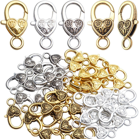 Tibetan Alloy Lobster Claw Clasps, 40pcs - Vintage Antique Heart Shaped Hooks for Jewelry Making, 4 Colors, 26x14mm