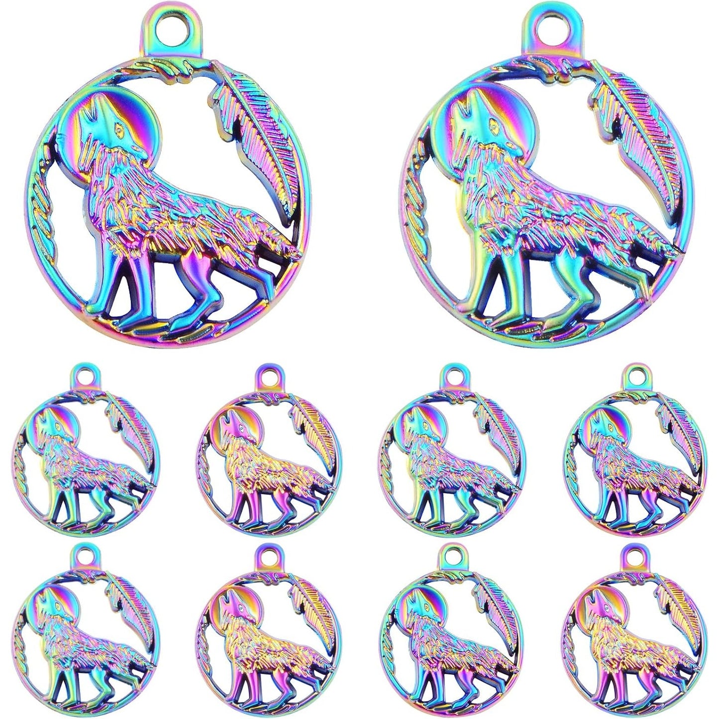 10 Pieces Rainbow Color Wolf Shape Charms Alloy Hollow Animal Wolf Dangle Pendants Hanging Ornaments for DIY Necklace Bracelet Jewelry Making Crafting, 25 x 21 mm