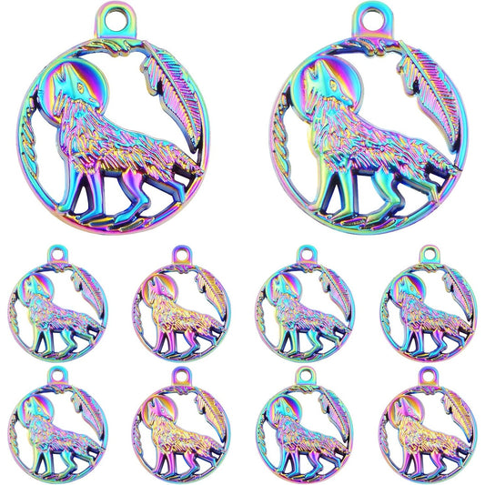 10 Pieces Rainbow Color Wolf Shape Charms Alloy Hollow Animal Wolf Dangle Pendants Hanging Ornaments for DIY Necklace Bracelet Jewelry Making Crafting, 25 x 21 mm