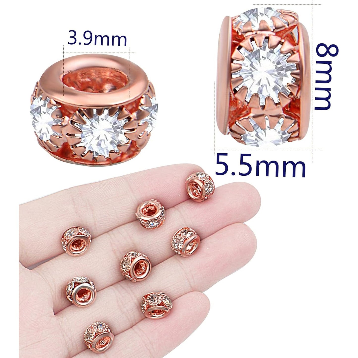 40pcs Rose Golden Crystal Rhinestone Spacer Beads European Large Hole Rondelle Beads for DIY Bracelet Snake Chain Jewelry Making Handmade Decor, Hole: 3.9 mm