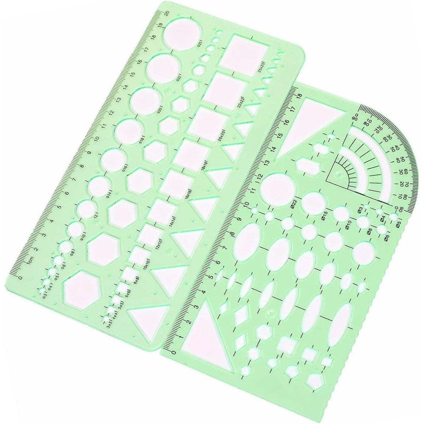2pcs Measuring Templates Geometric Rulers for Office and School,Clear Green Color Plastic