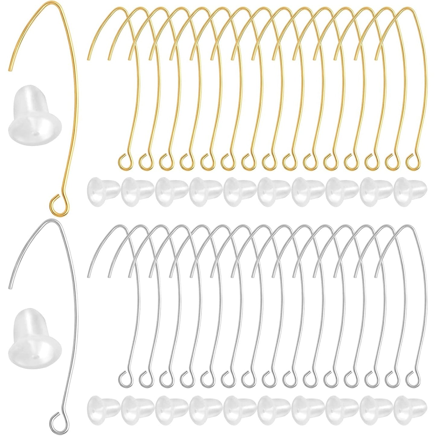 60pcs 2 Colors V Shape Earring Hooks Metal Ear Wires Drop Earring Hooks Components and 60pcs Clear Bullet Earring Backs for DIY Dangle Jewelry Making Findings