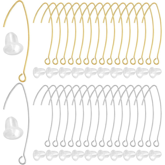 60pcs 2 Colors V Shape Earring Hooks Metal Ear Wires Drop Earring Hooks Components and 60pcs Clear Bullet Earring Backs for DIY Dangle Jewelry Making Findings