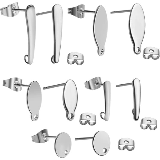 Earring Studs for Jewelry Making, 50pcs Stainless Steel Earring Studs Hypoallergenic Earring Posts DIY Flat Pad Blank Studs with Loop for Earring Making Findings