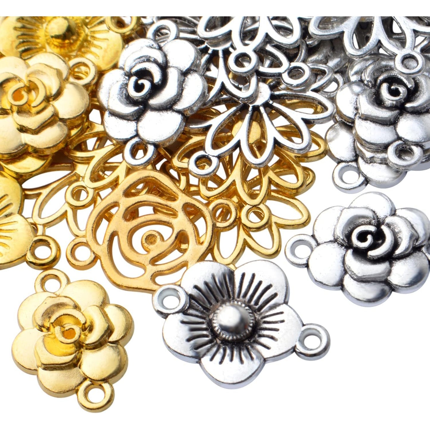 50pcs Flower Jewelry Connectors - Alloy Pendants, 5 Styles for DIY Necklace & Bracelet Making
