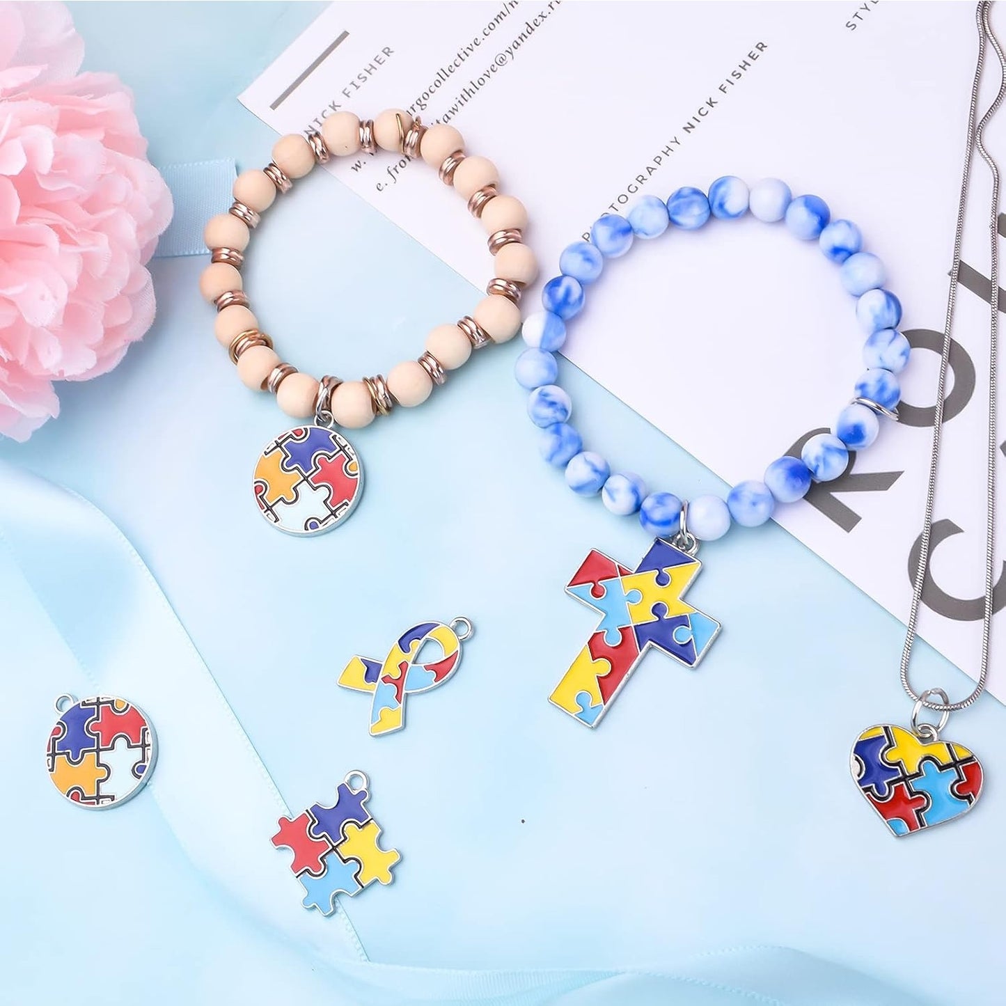 20pcs Autism Charms Pendants Ribbon Heart Round Square Cross with Puzzle Shape Charms Enamel Colorful Enamel Autistic Awareness Pendants for DIY Necklace Bracelet Earrings Jewelry Making Supplies