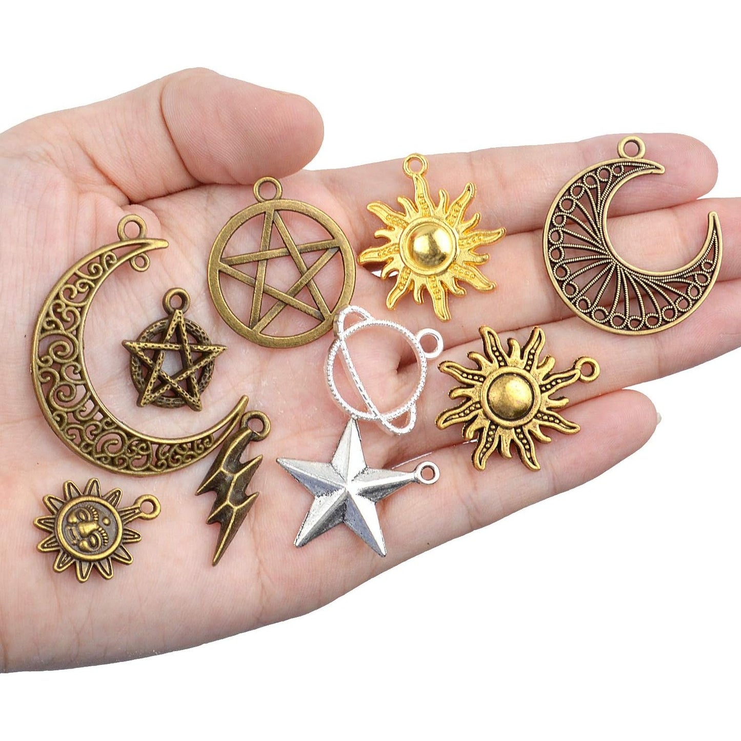 Celestial Charms,100 Gram(About 80-90 Pieces) Mixed Sun Moon Star Charms Antique Alloy Pendants for Jewelry Making and Crafting