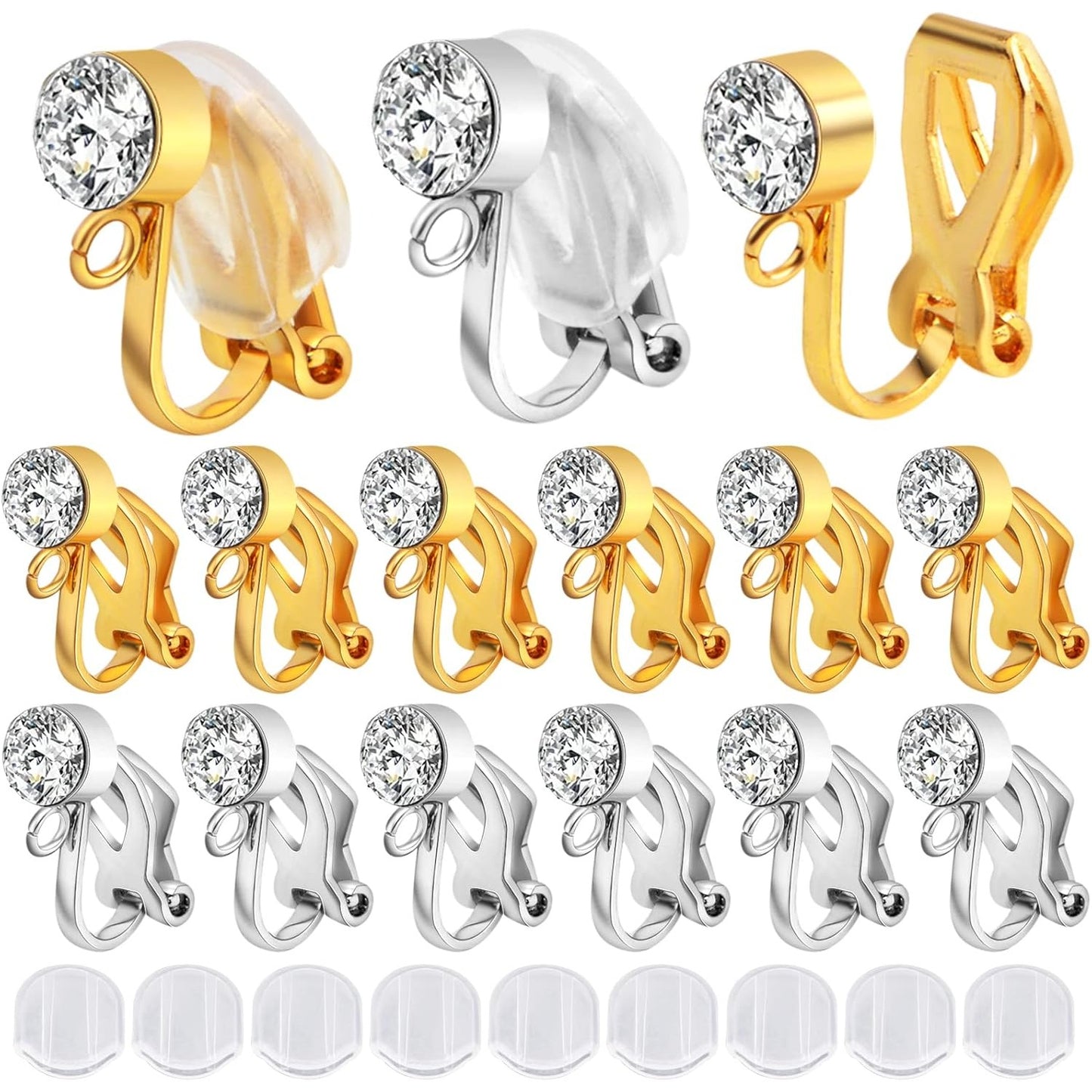16pcs Clip-on Earring Converters Brass Triangle Earring Clips with Crystal Rhinestone Earring Findings and 16pcs Silicone Ear Pads for Non-Pierced Ears DIY Jewelry Making, 2 Colors