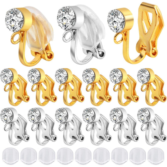 16pcs Clip-on Earring Converters Brass Triangle Earring Clips with Crystal Rhinestone Earring Findings and 16pcs Silicone Ear Pads for Non-Pierced Ears DIY Jewelry Making, 2 Colors