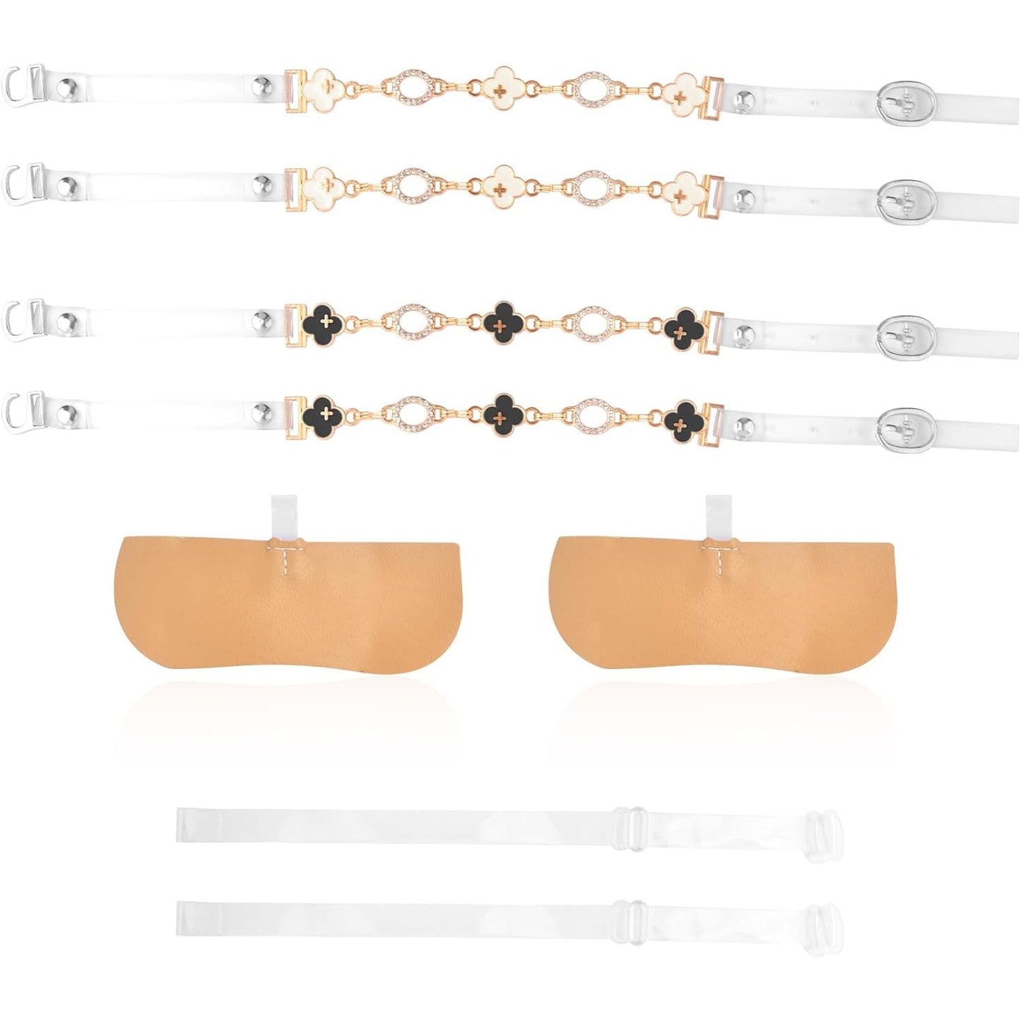 2 Pairs Transparent Four-leaf Clover High Heels Shoelaces Belt Chain and 2pcs Adjustable Invisible High Heel Shoe Straps with Buckle Replacements for Holding Loose High Heel Shoes