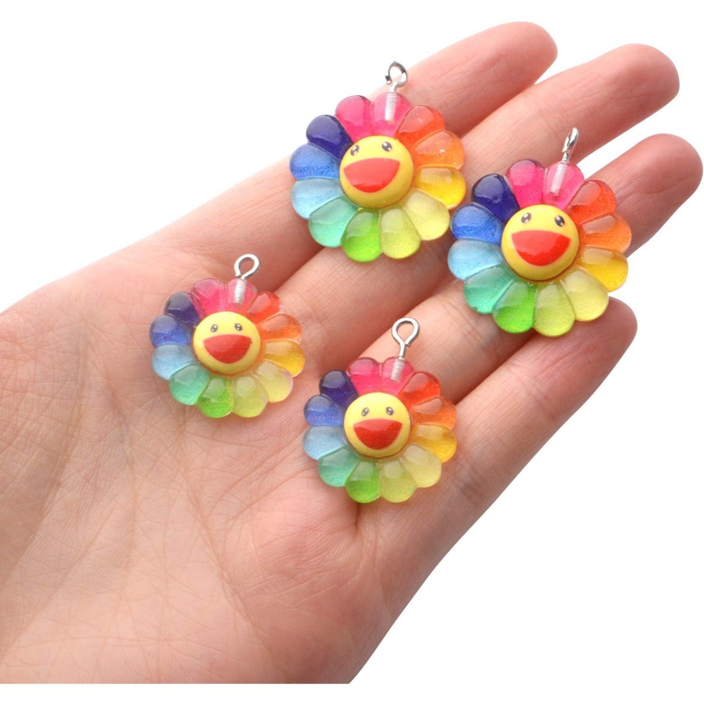 Sunflower Pendants, 20pcs Resin Rainbow Flower Charms & Smiley Face Cabochons for DIY Jewelry, 2 Sizes