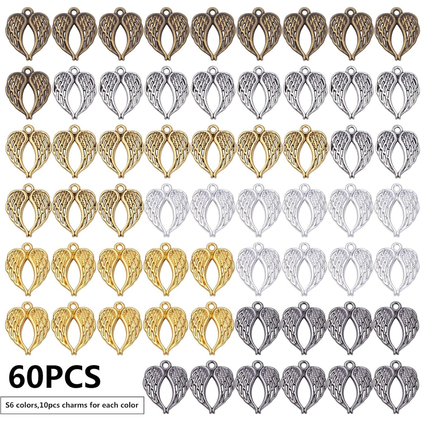Angel Wings Feathers Charms, 60pcs Alloy Fairy Pendant Craft Supplies Beads Charm for Diy Bracelet Necklace Jewelry Making, 6 Colors